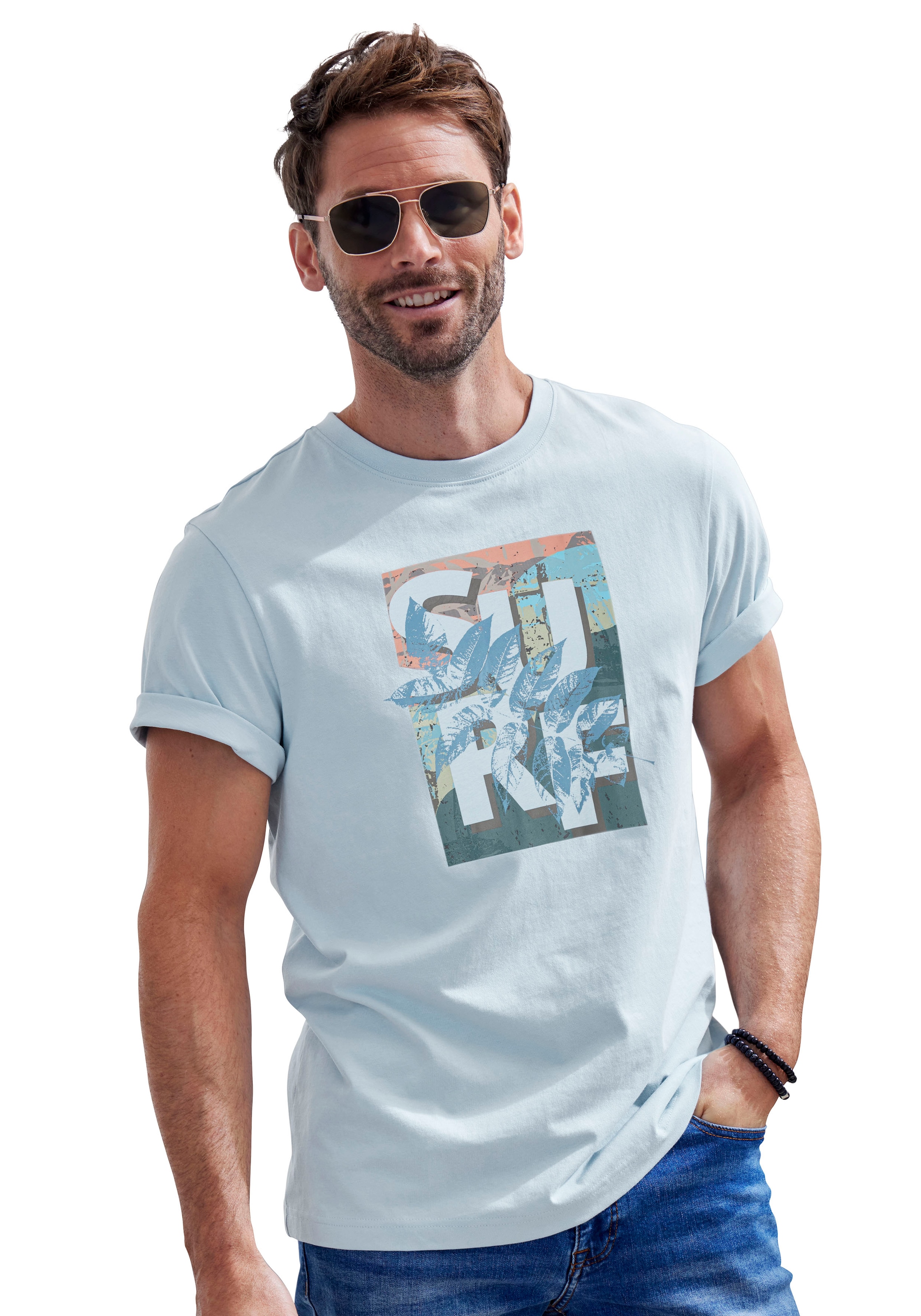 John Devin T-Shirt, Rundhalsshirt mit Surf -Aufdruck aus reiner Baumwolle