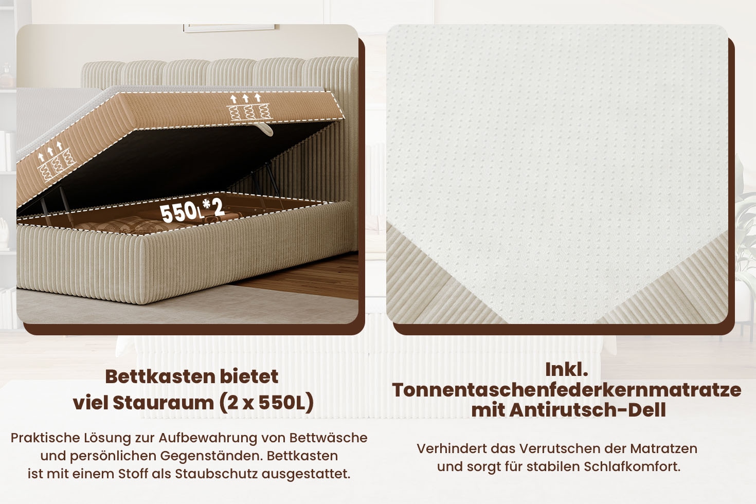 GOODproduct Lit de boxe »SIVVA in der Breite 180cm, flauschiger Breitcord, Farbe: cream« Incl. matelas à ressorts ensachés (H3) & surmatelas (4 cm)