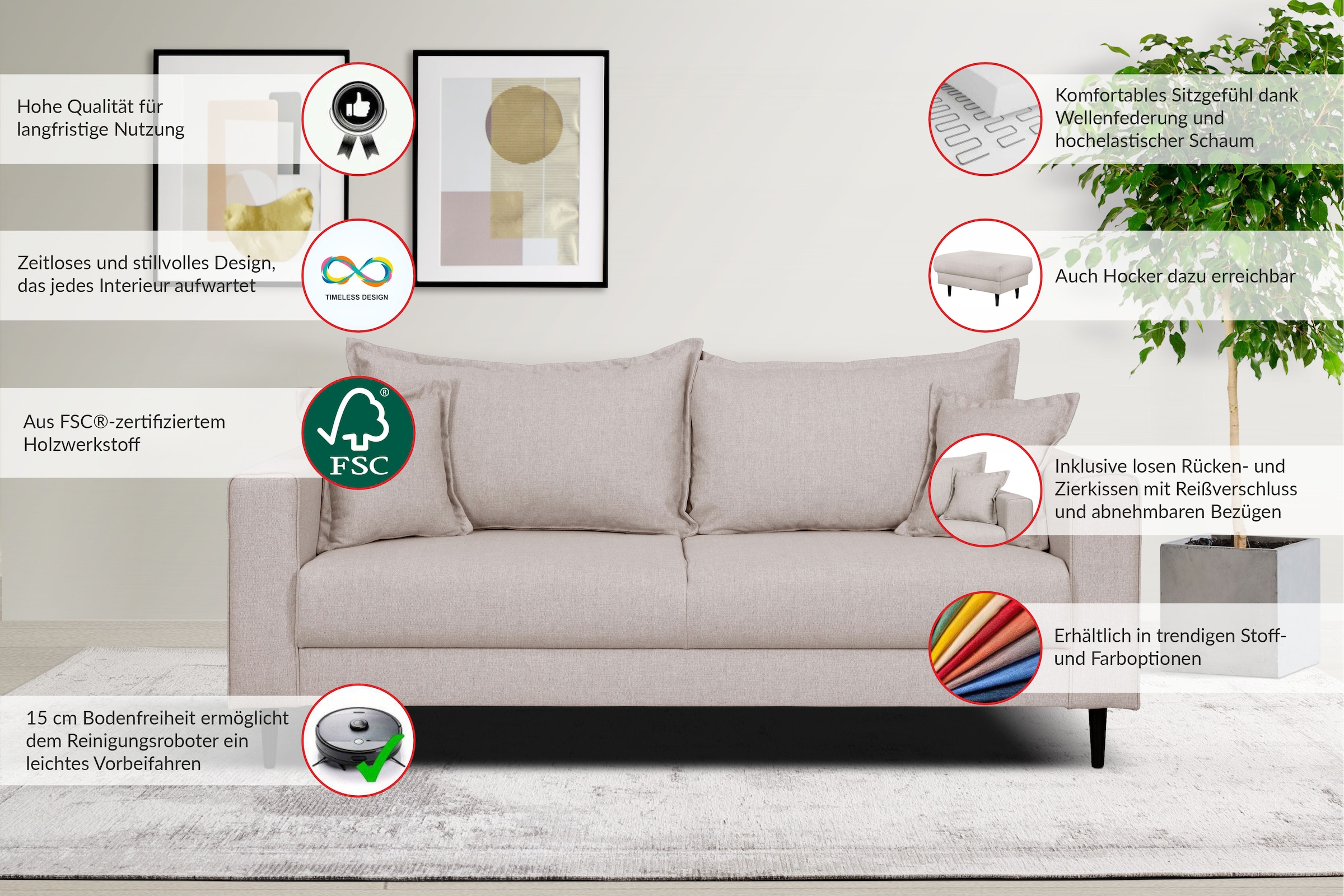 Home affaire 2-places »VEYRAS, hoher Sitzkomfort, Masse B/T/H:  162/84/76 cm« mit Wellenunterfederung, incl. Rückenkissen und Zierkissen