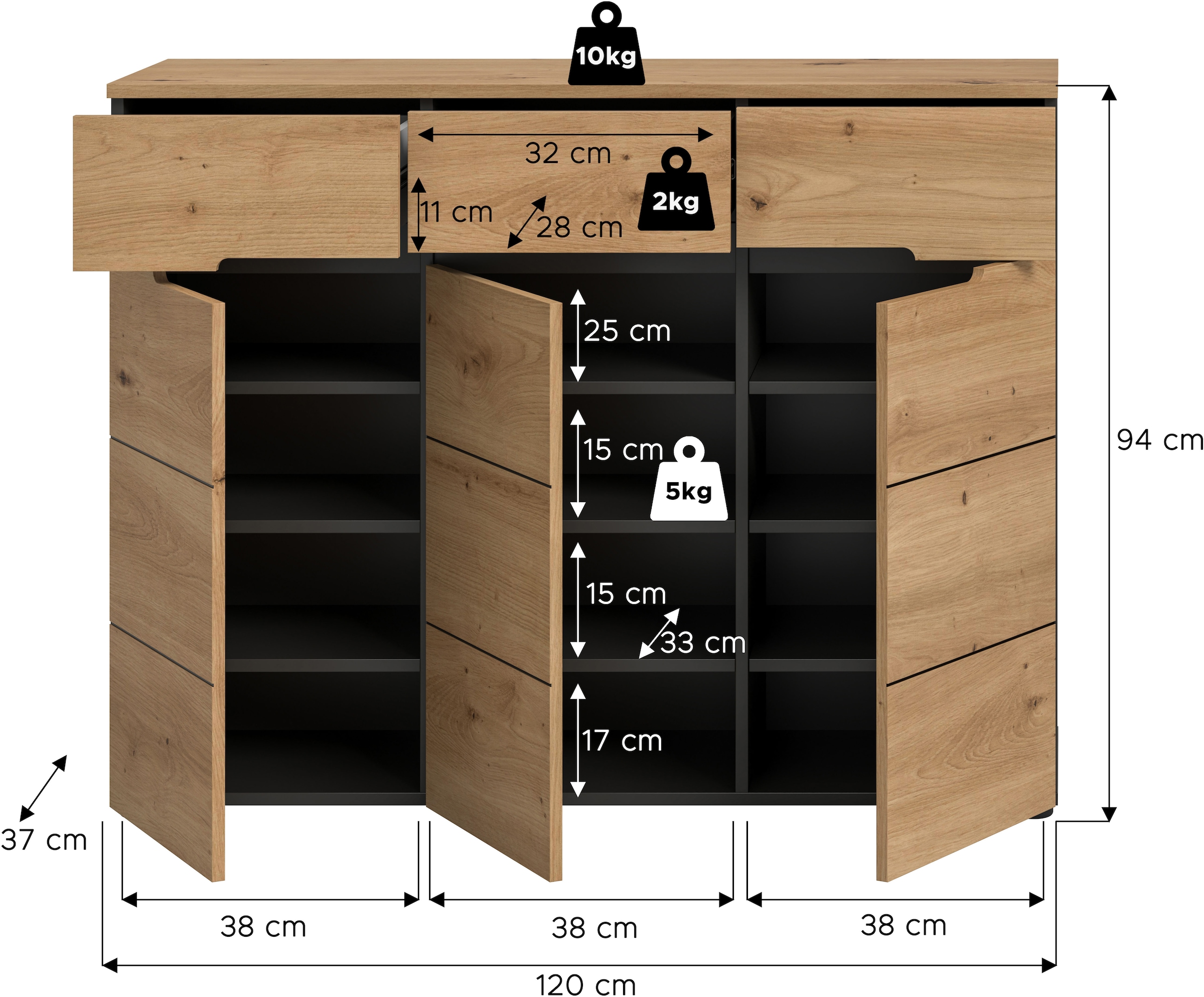 Home affaire Garderobenschrank »REHAT, TOPSELLER!, Breite 120 cm, 3 Türen, 3 Schubkästen, 12 Fächer« in verschiedenen Farben erhältlich, Platz für ca. 24 Paar Schuhe, 1 Stk. tlg. Schuhschrank, Kommode, Schuhkommode, Anrichte, Sideboard