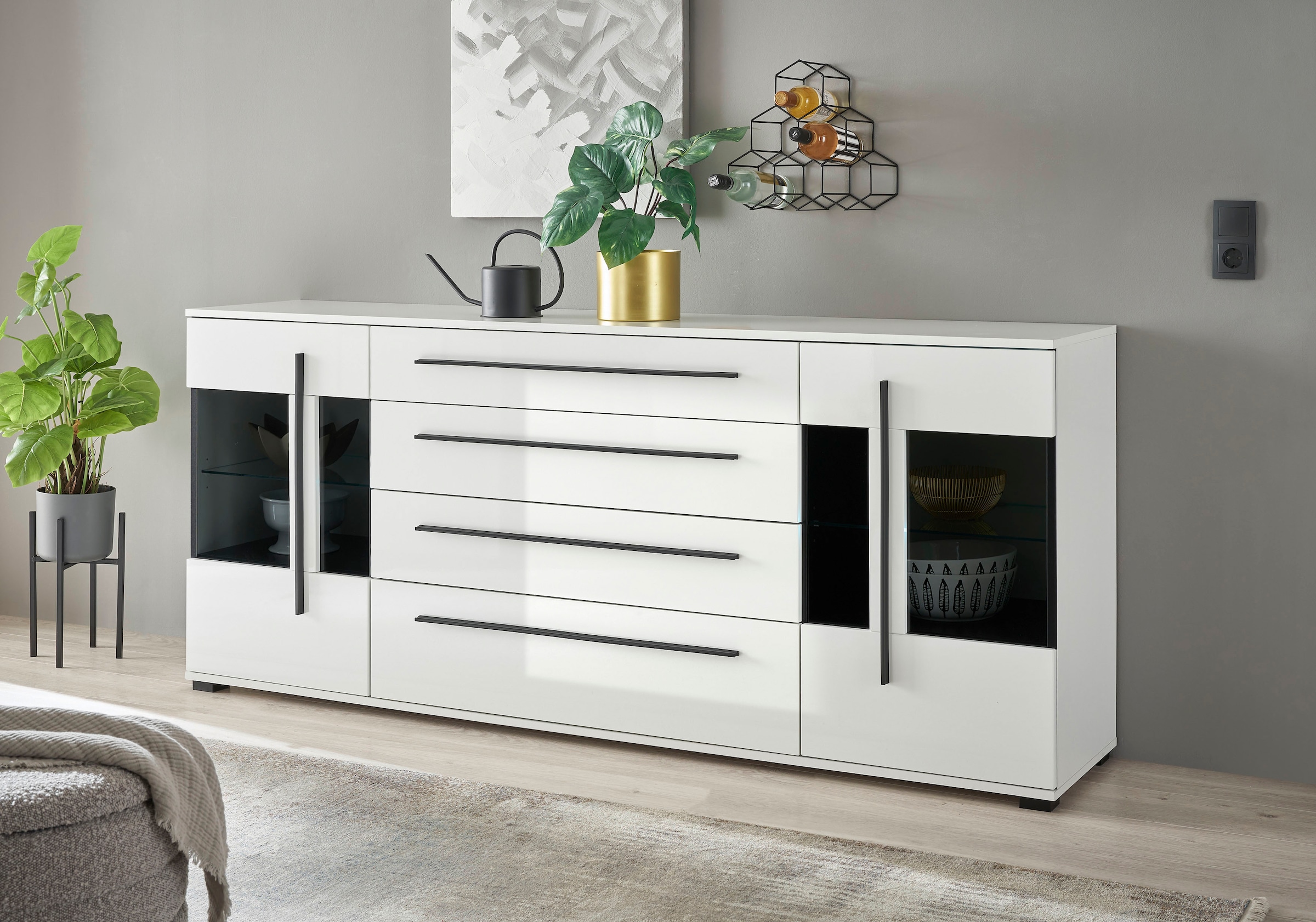 INOSIGN Wohnwand »Cantara, moderne Anbauwand, Wohnzimmer-Set, in Eiche Evoke oder Weiss«, (Set), enthält zwei Vitrinen, ein Sideboard und ein Wandboard