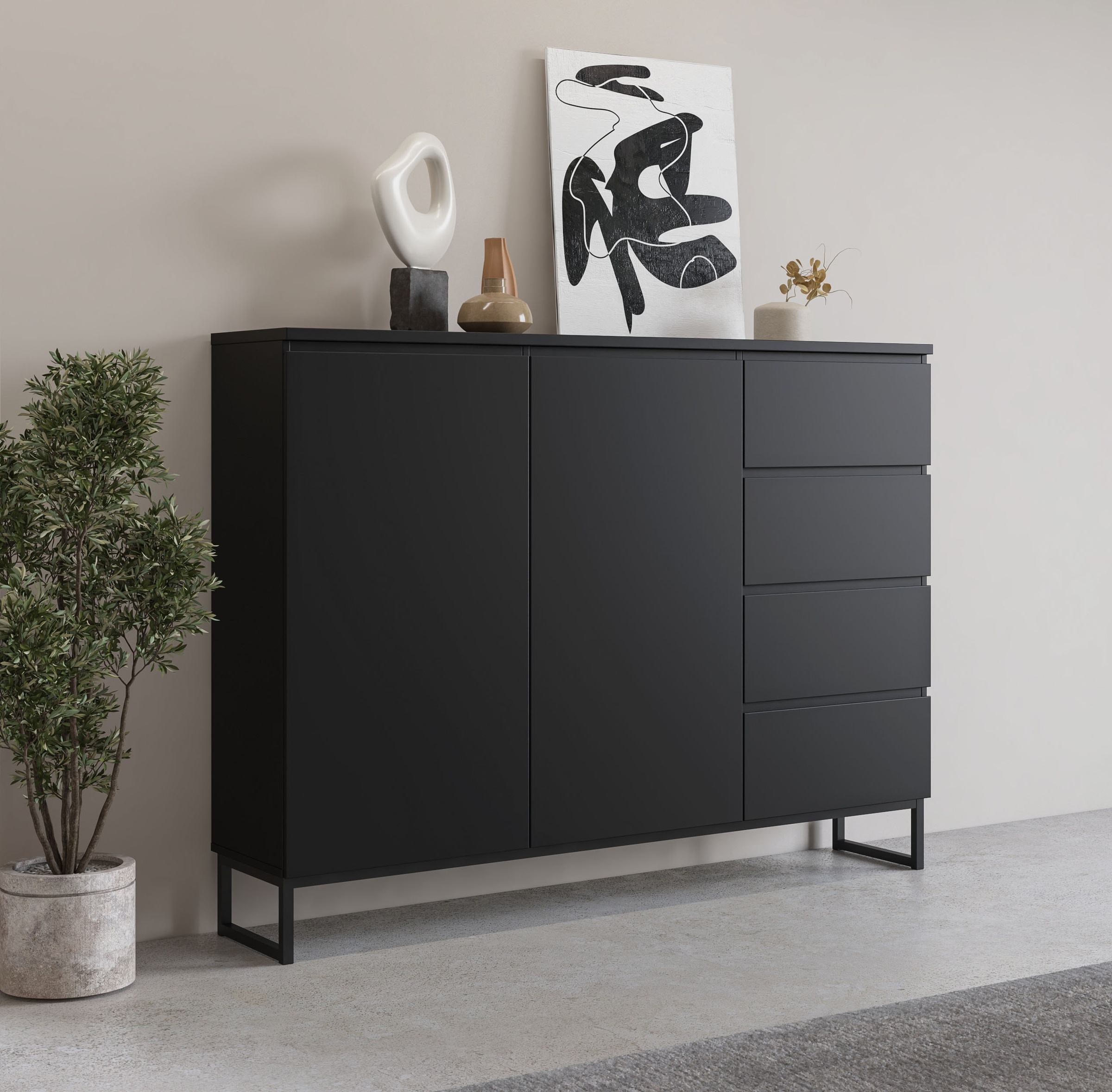 Image of GOODproduct Sideboard "Modo II, Breite 150 cm, moderne grifflose Kommode 2Türen/4 SK" Schubladenschrank viel Stauraum, Einlegeböden verstellbar, Metallkufen
