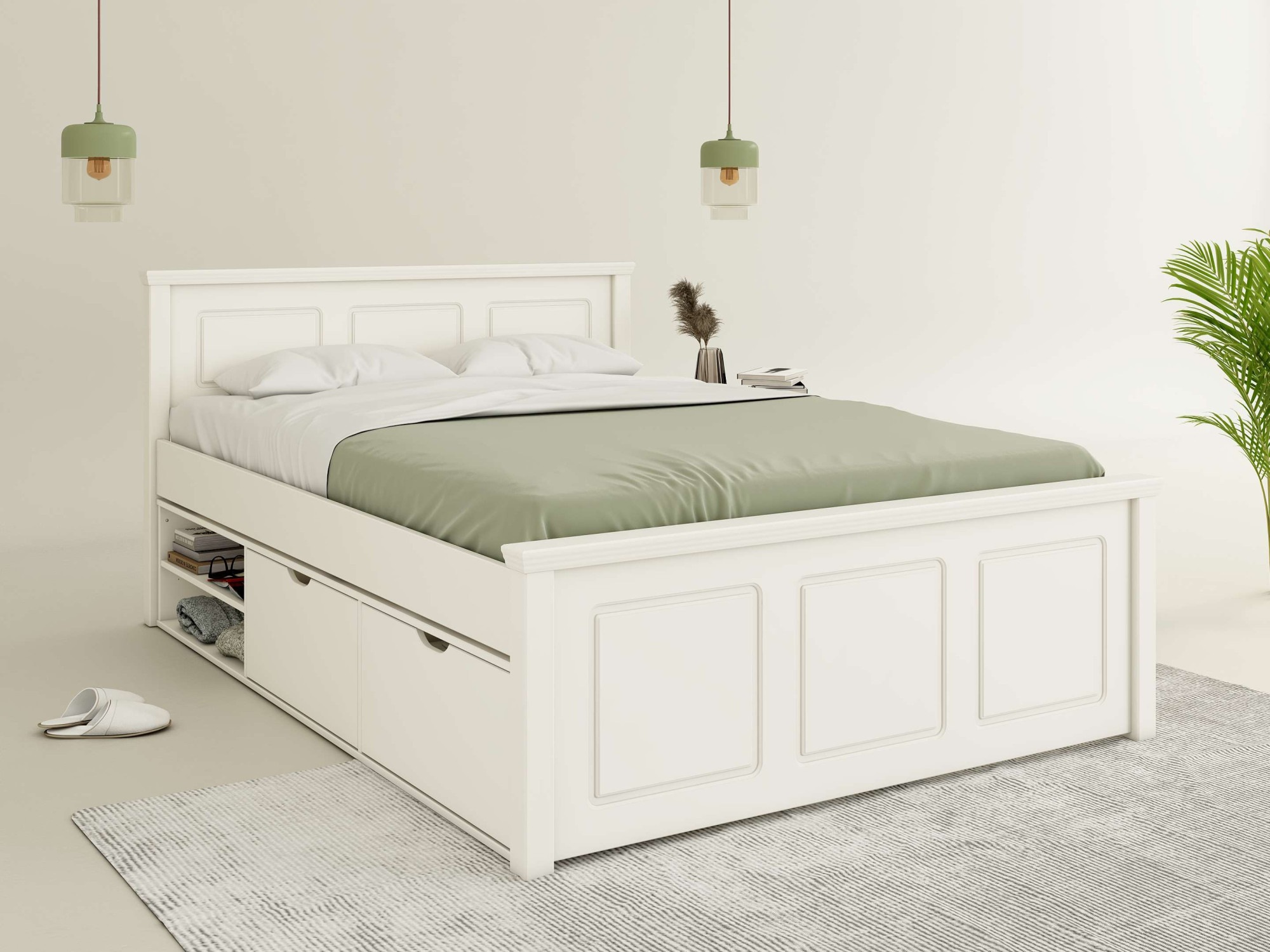 Image of GOODproduct Stauraumbett "SVEA – Landhausstil, Massivholz-Kiefer & Lattenrost inklusive" B/T/H: 150/211/93 cm, 2 Schubladen + offene Fächer, FSC zertifiziert, Made in Europe