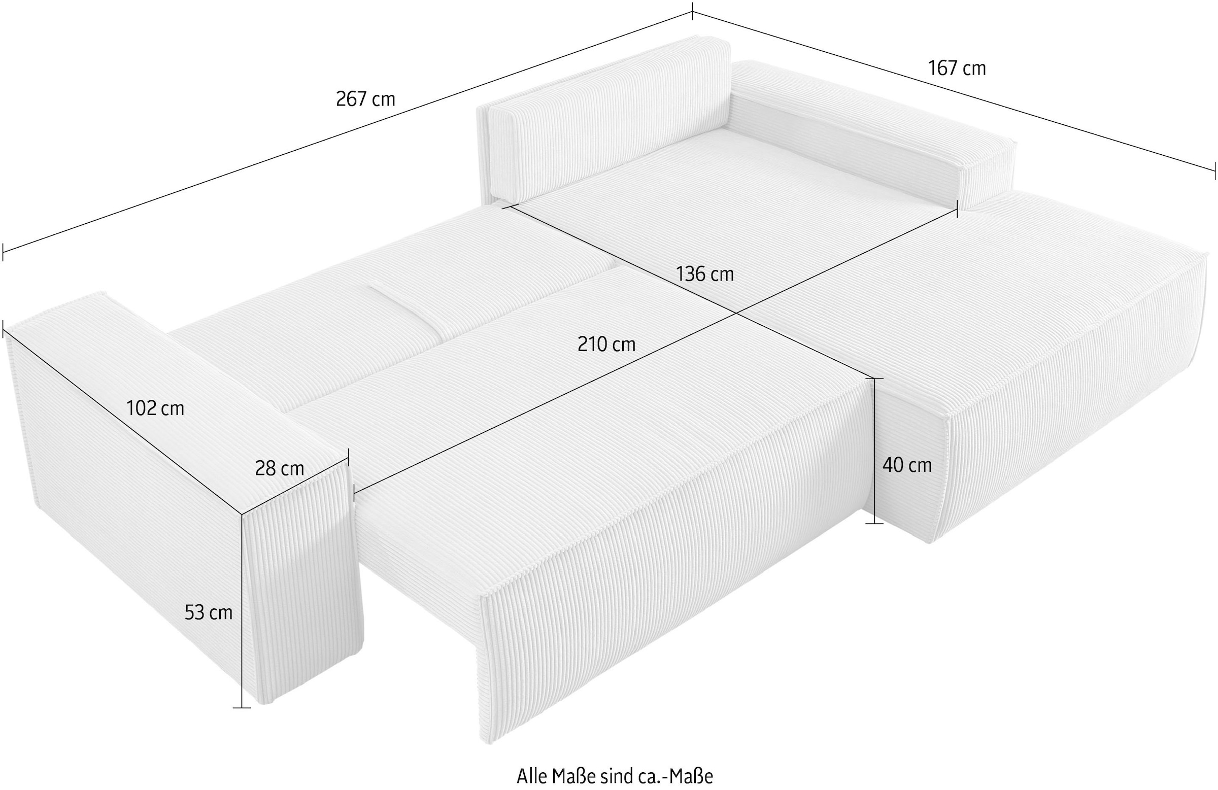 Home affaire Ecksofa SHERWOOD Schlafsofa 267 cm, L-Form, Schlaffunktion mit Bettkasten (210x136 cm), Cord, Vintage, Samtvelours