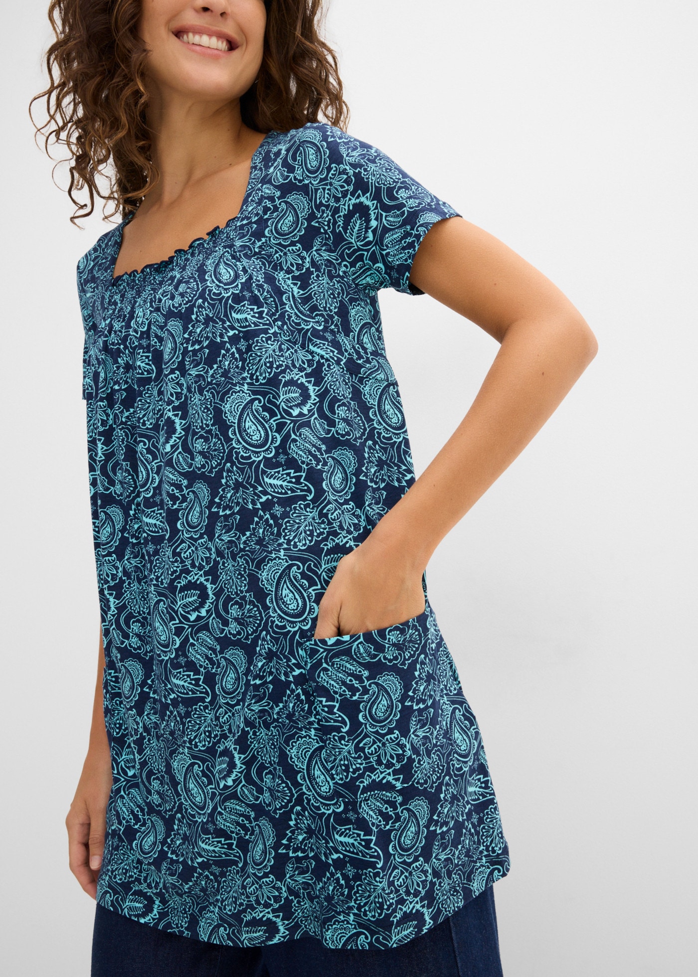 bonprix T-shirt tunique mit gerafftem Ausschnitt, in A-Linie, Kurzarm-Design