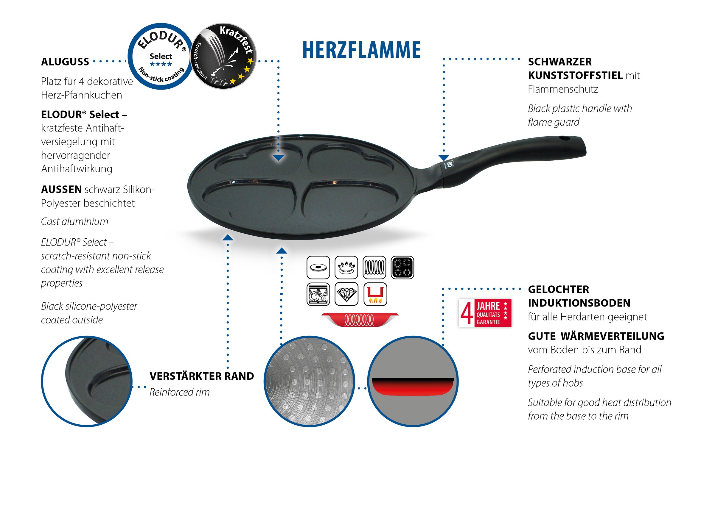 Elo Basic Crêpière »Blini, Herzpfanne 26 cm« Aluminium moulé 1 cuis tlg. pour 4 crêpes en forme de cœur