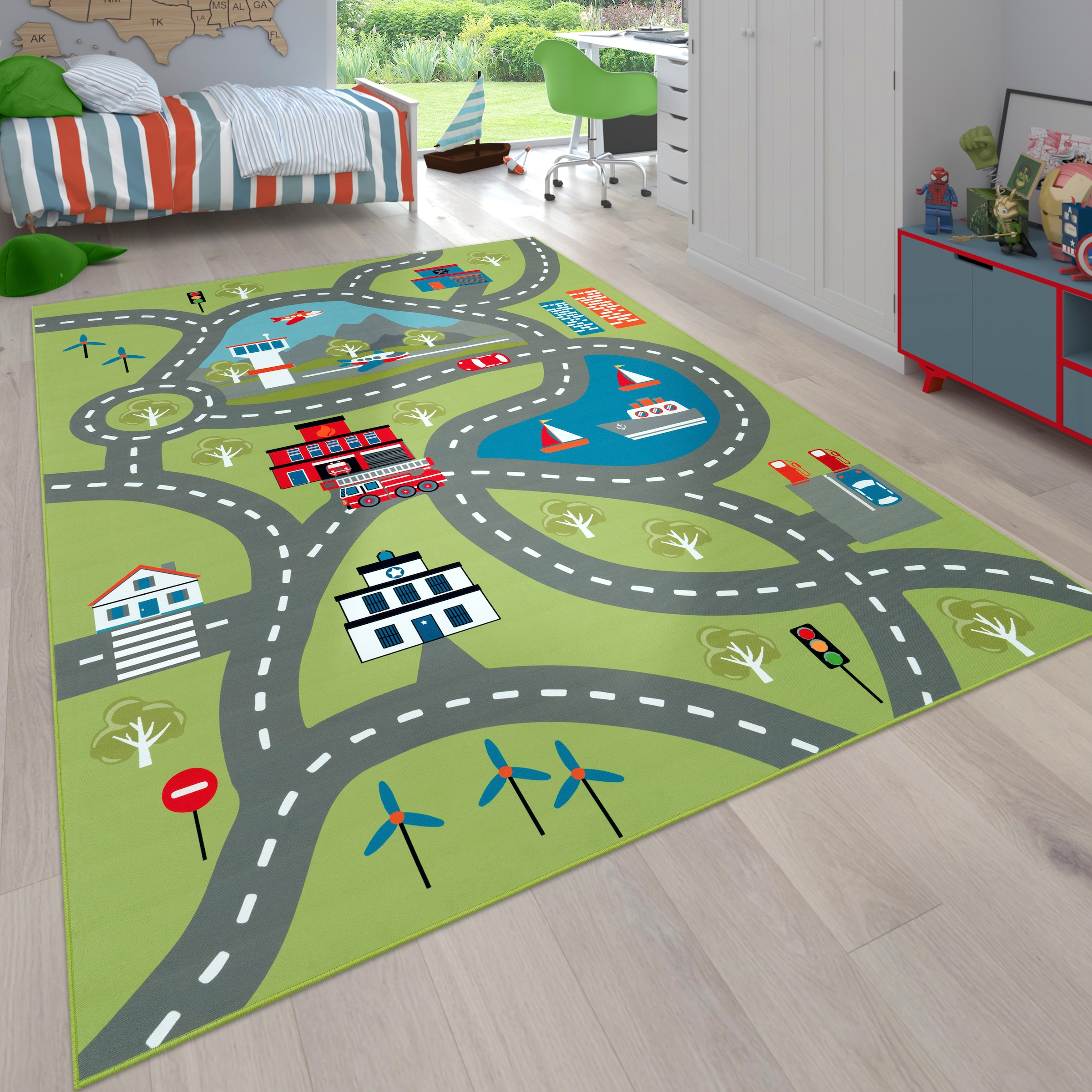 Image of Paco Home Kinderteppich "Bino 562" rechteckig 4 mm Höhe Kurzflor, Strassen-Spiel-Teppich, Motiv Flughafen, Kinderzimmer