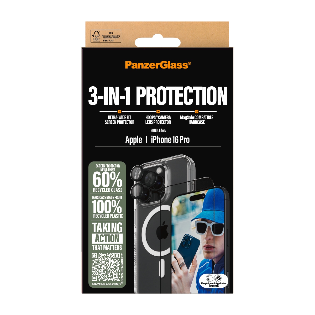 PanzerGlass Displayschutzglas »3-in-1 Protection, Glass, Hoops, Case«, für Apple iPhone 16 Pro, Displayschutzfolie, Schutzfolie, Bildschirmschutz, kratz- & stossfest