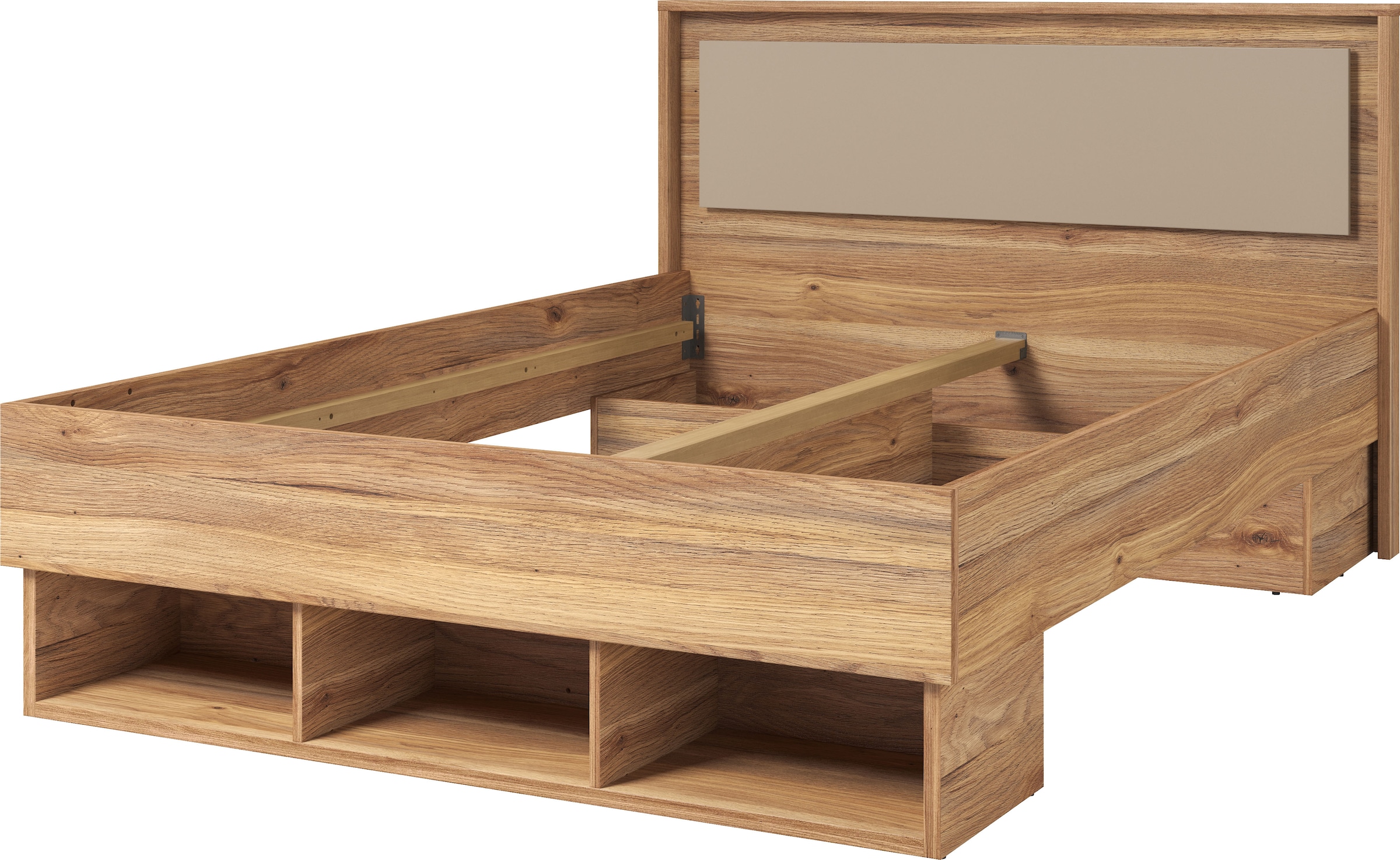 INOSIGN Bettgestell »Wharton, 140, 160 oder 180cm Breite, Made in Europe«, (mit oder ohne Stauraumschubladen), Doppelbett mit offenen Regalen, FSC-zertifizierter Holzwerkstoff