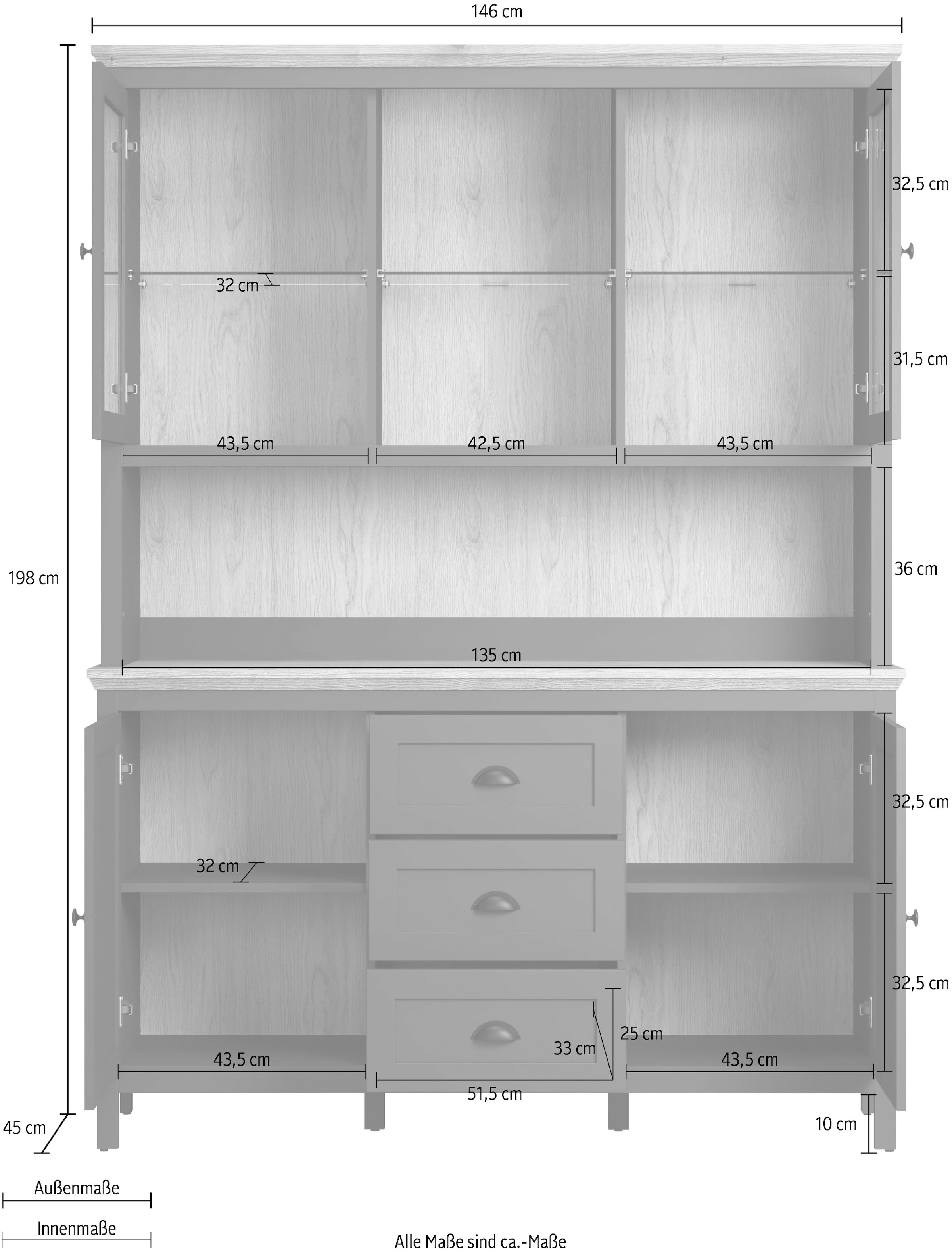 Home affaire Buffet »Vienna«, (Set, 2 St.), Küchenbuffet im Landhausstil, inkl. Beleuchtung - (B/T/H) 146/39/112cm