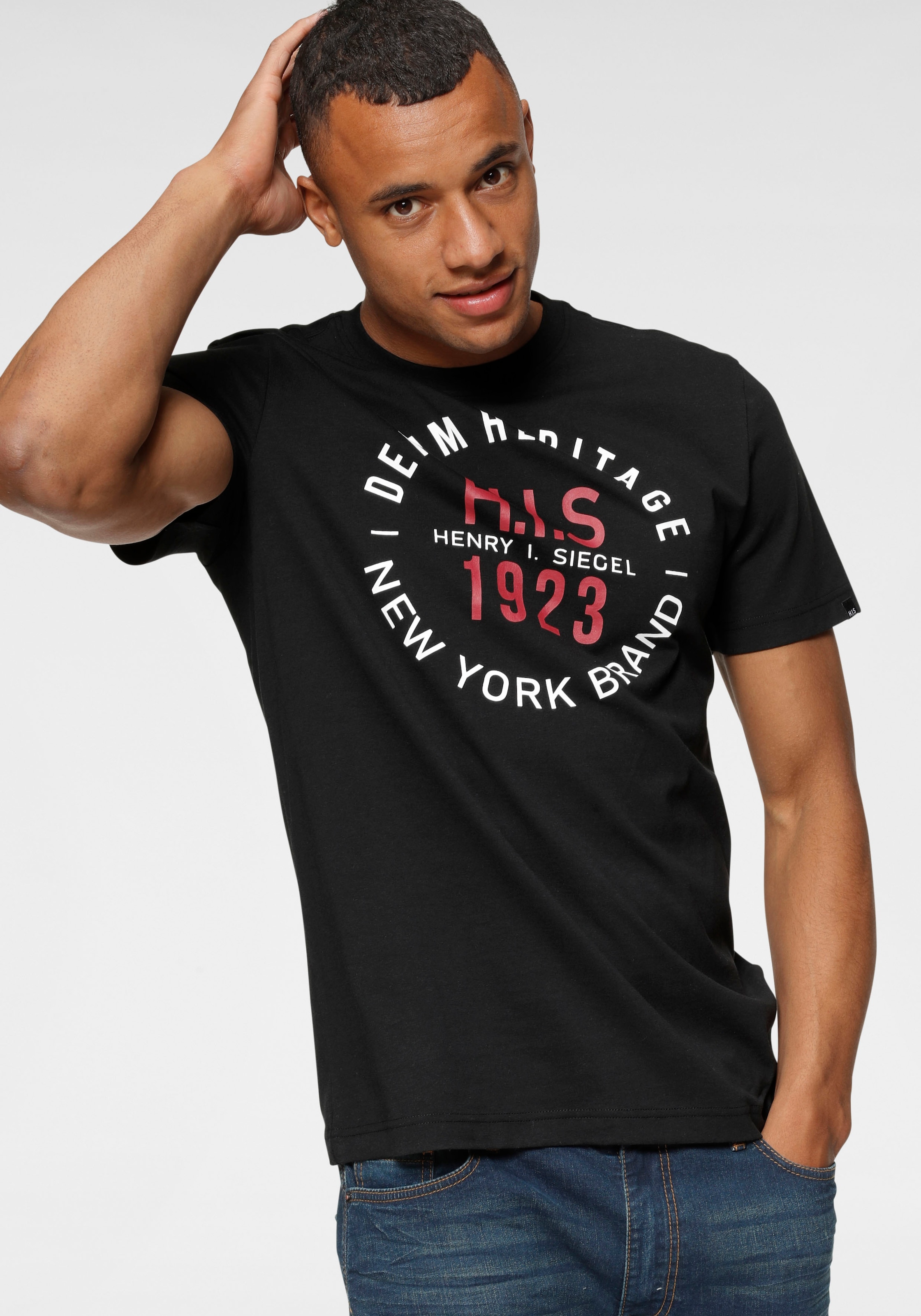 Image of H.I.S Rundhalsshirt Kurzarm, schmale Passform, mit Print, Rundhals, aus Baumwolle