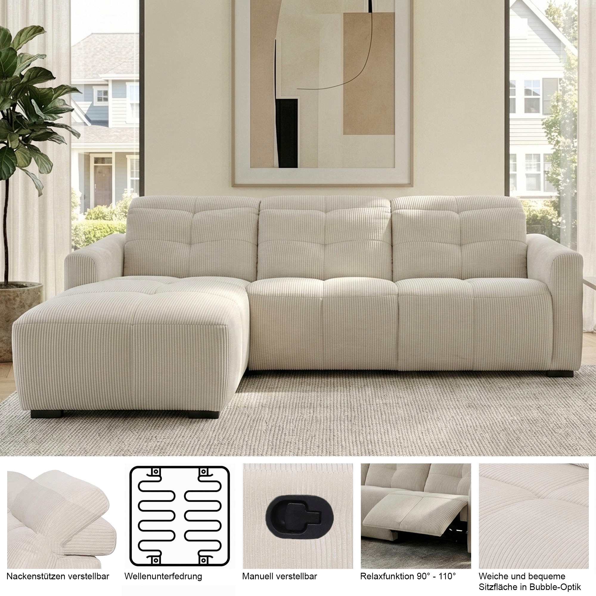 GOODproduct Ecksofa »CAARLA Cord, L-Form, 261 cm, man. oder elektr. Relaxfunktion (USB-A/C)« mit USB-A und USB-C bei elektrischer Ausführung, Kopfteilverstellung