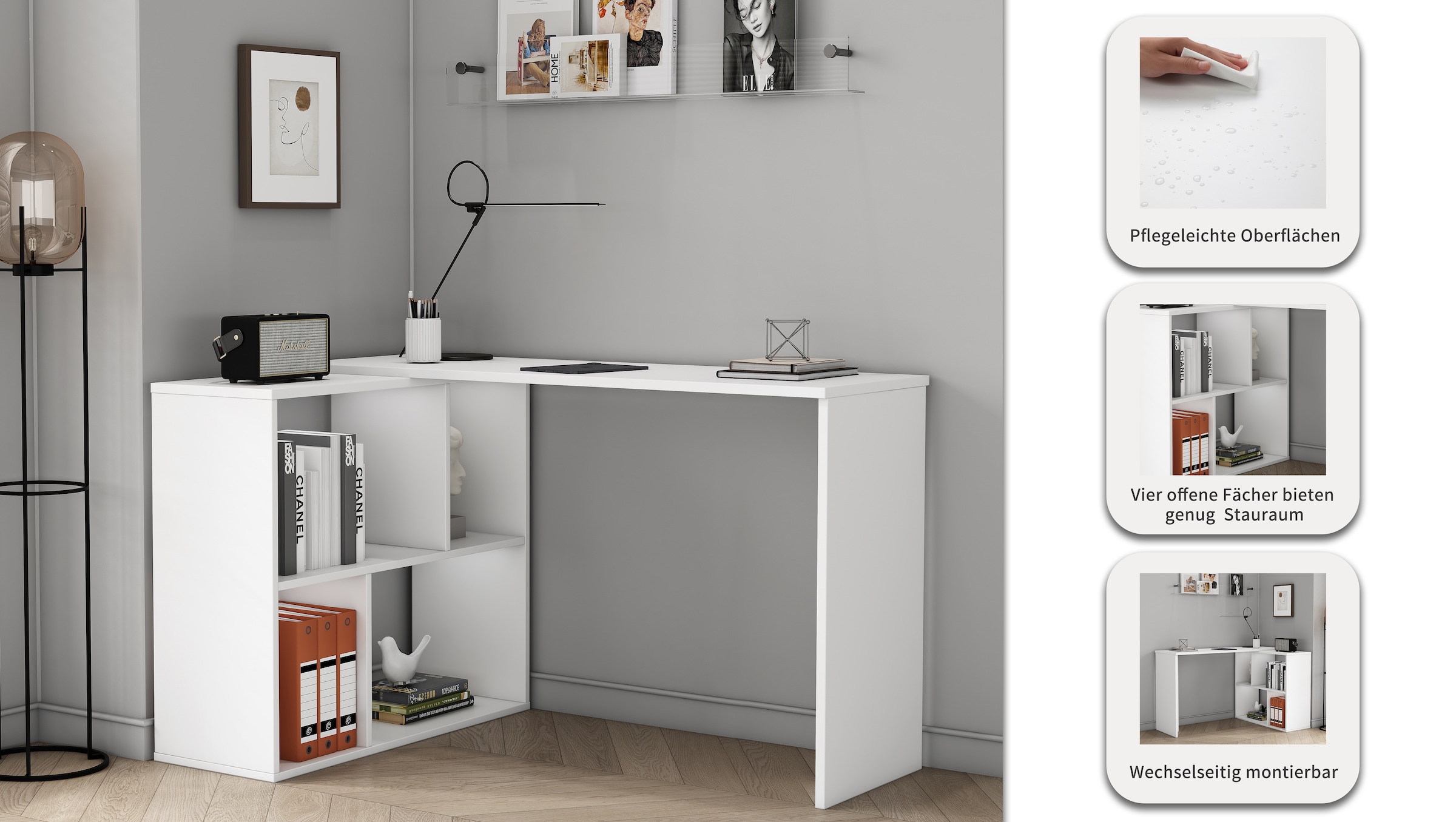 GOODproduct Eckschreibtisch »Jaaron« mit vier offenen Fächern, modernes und elegantes Design