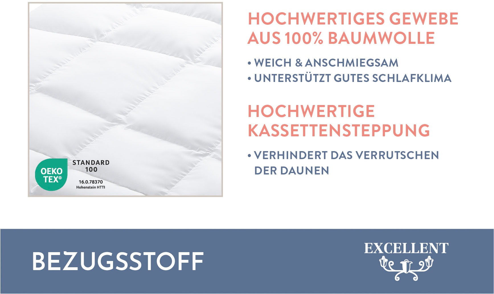 Excellent Daunenbettdecke »VENEDIG, Bettdecken für Sommer und Winter, Decke«, warm, Füllung 90% Daunen, 10% Federn, Bezug 100% Baumwolle, (1 St.), Bettdecke 135x200 cm, 155x220cm und weitere Grössen, Made in Germany
