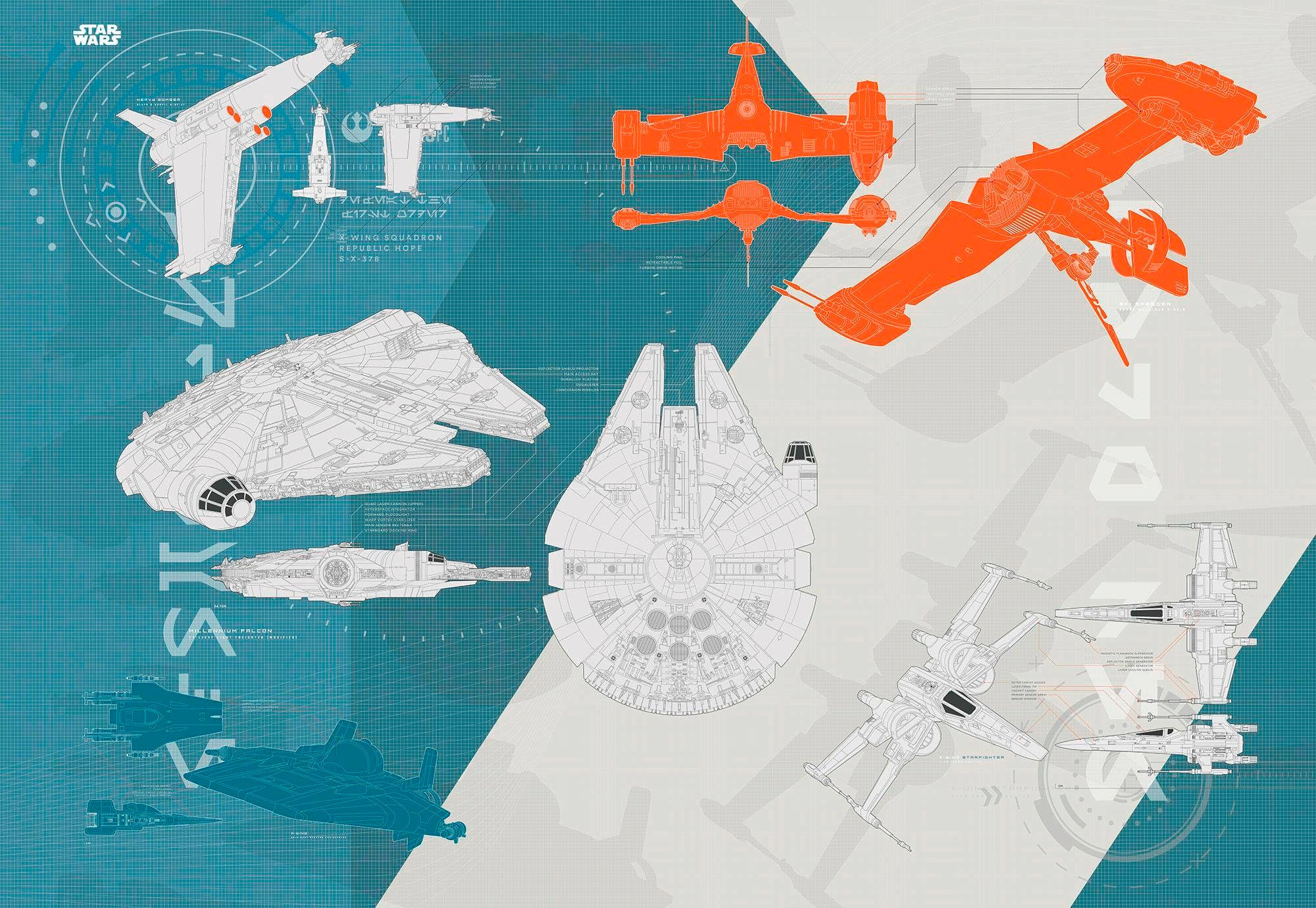 Image of Komar Fototapete "STAR WARS Technical Plan - Grösse 368 x 254 cm" bedruckt glatt Kinderzimmer