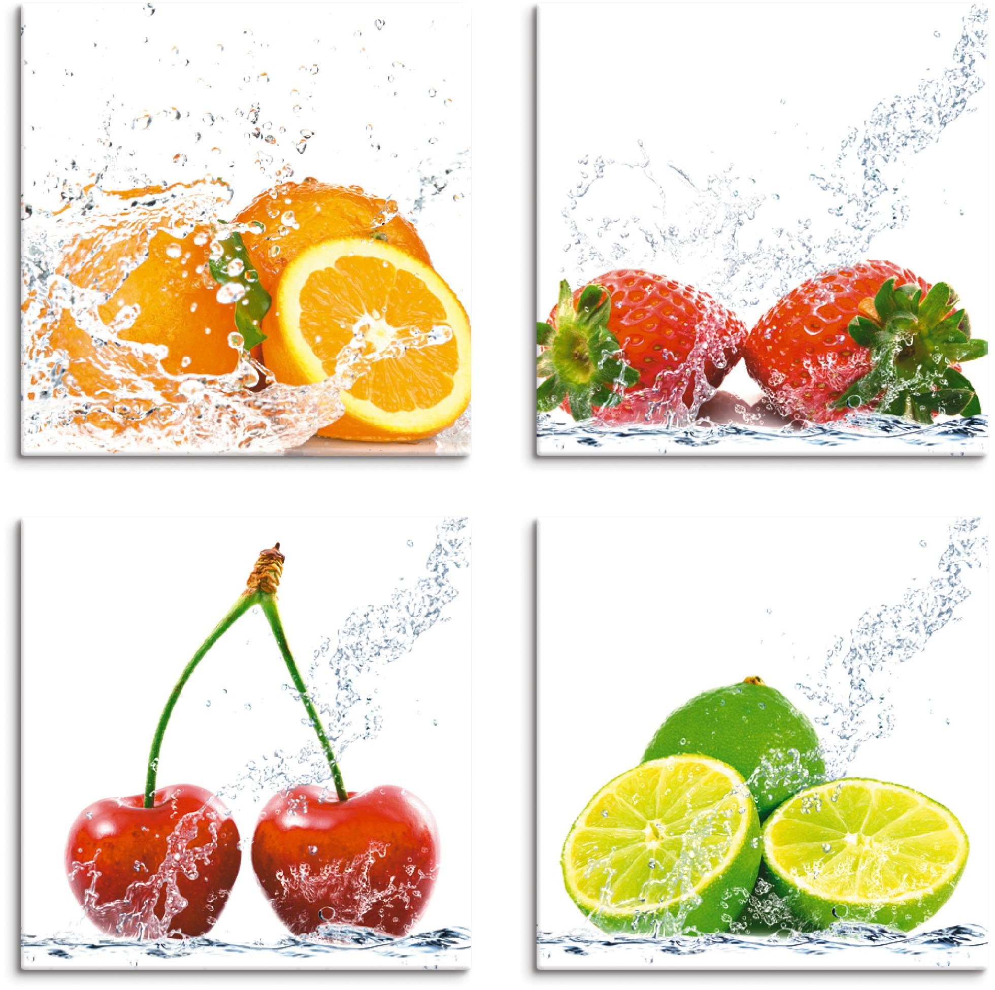 Image of Artland Leinwandbild "Früchte mit Spritzwasser" Lebensmittel 4 Stk. tlg. 4er Set, verschiedene Grössen