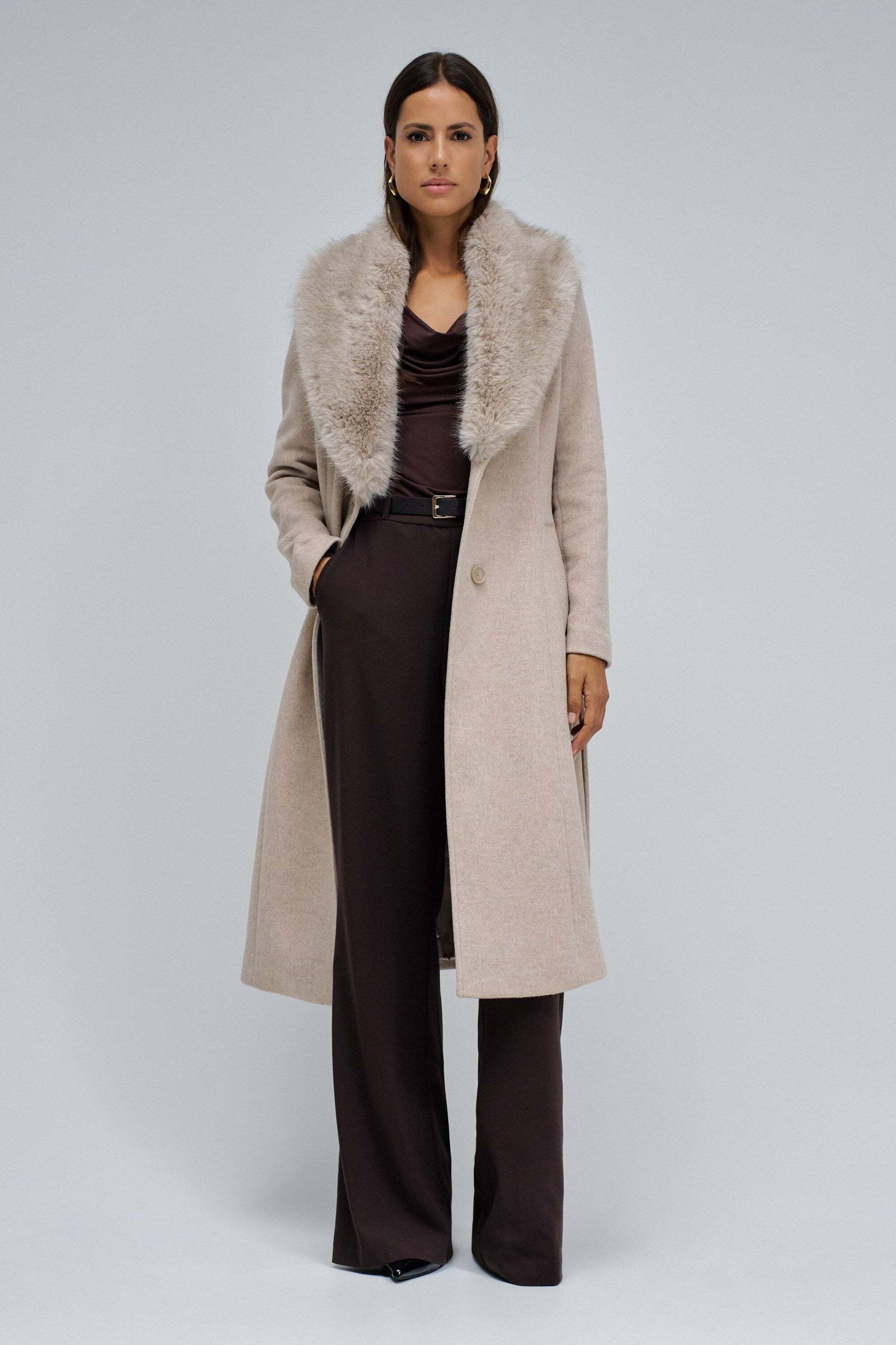 Salsa Veste en laine »Salsa Jeans Wollmantel Long Wool Coat Faux Fur Belt«