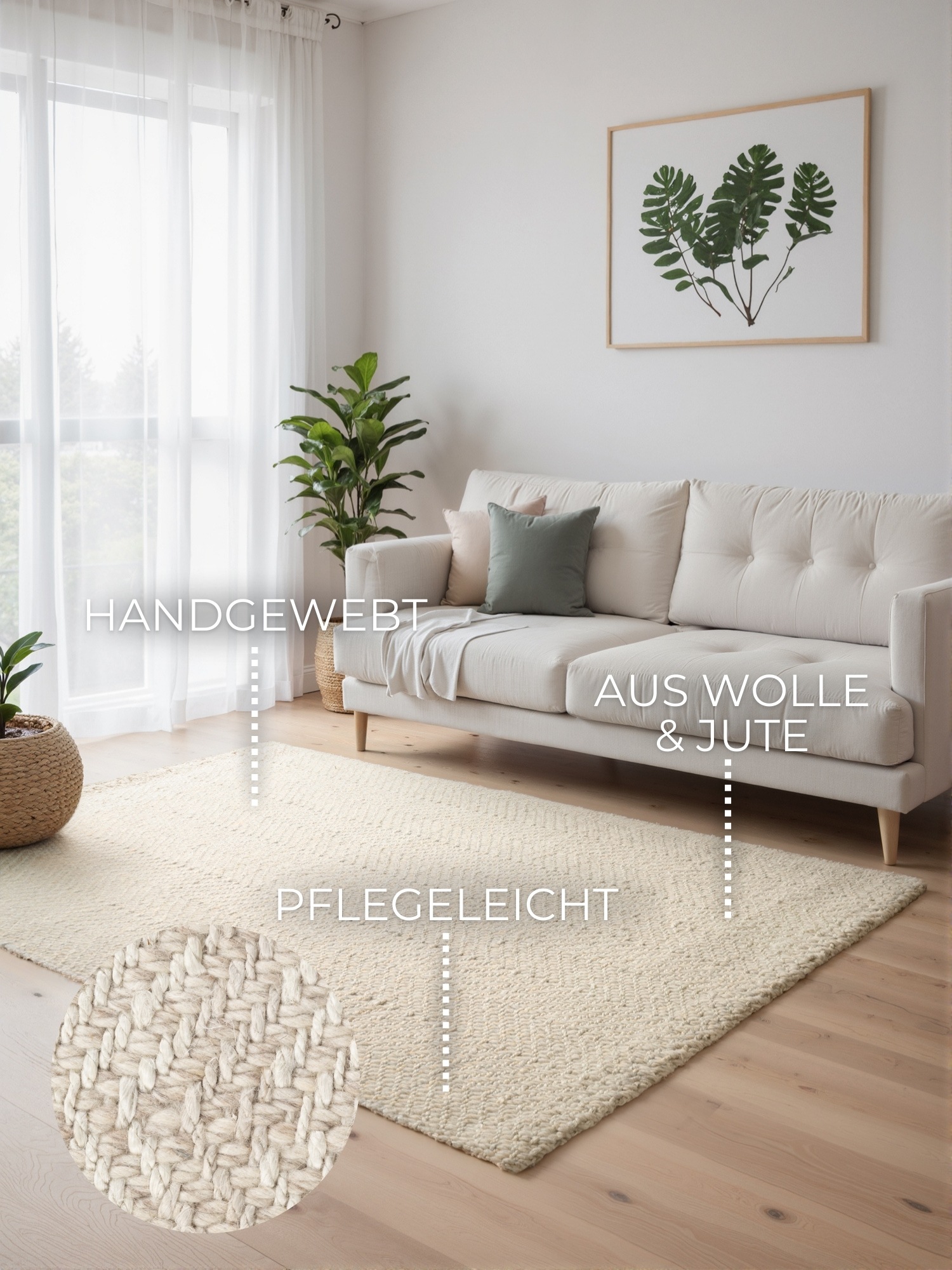 ELLE DECORATION Wollteppich »Majoli,  auch als Läufer«, rechteckig, 10 mm Höhe, Herringbone, Wolle, Jute, Natur, Wohnzimmer, Schlafzimmer, Boho,Skandi