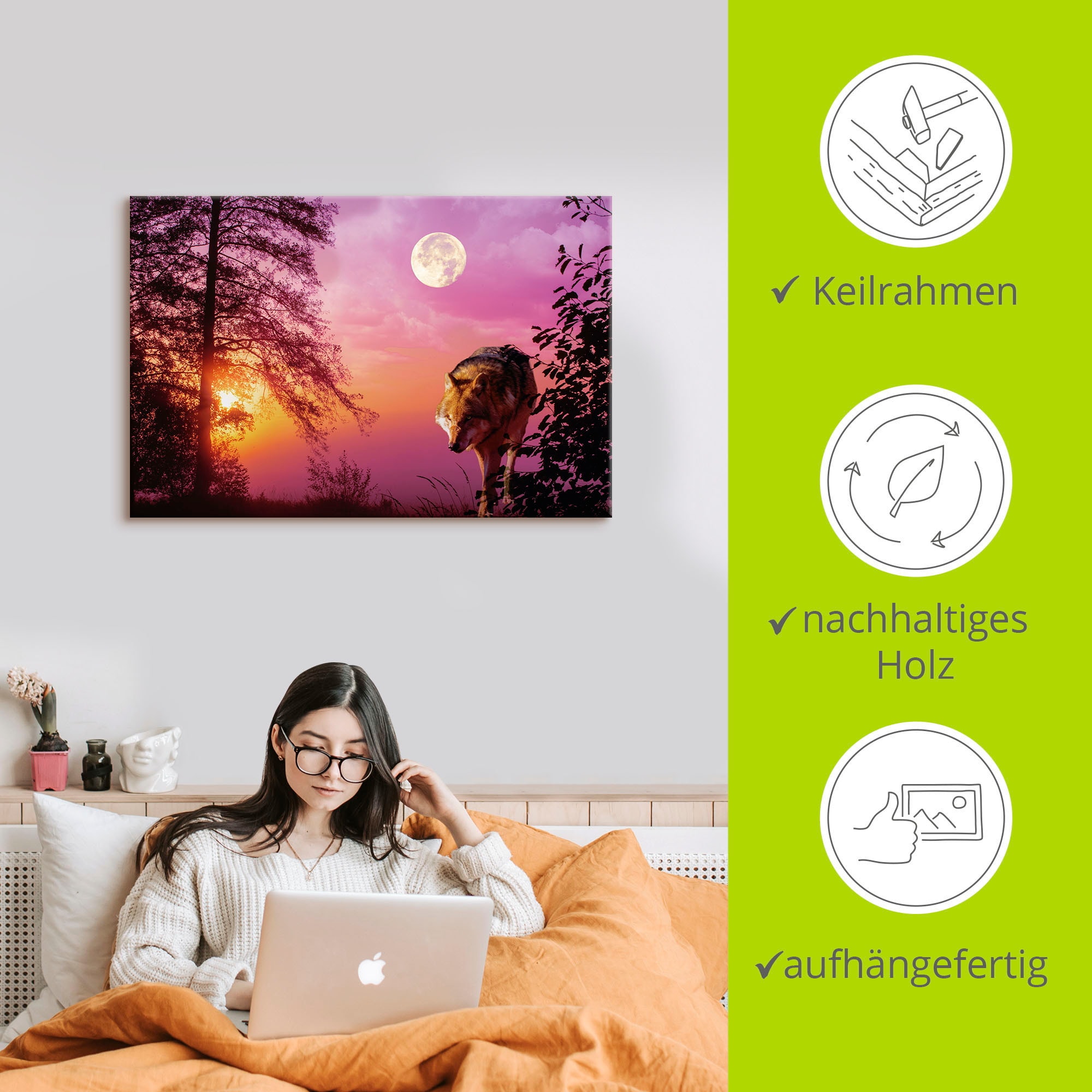 Artland Tableau sur toile »Wolf im Vollmond« 1 cuis tlg. auf Holzrahmen gespannt