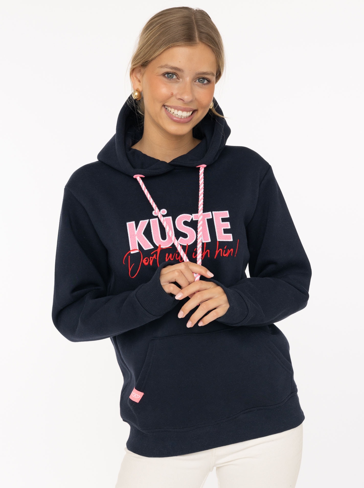 Image of Zwillingsherz Hoodie ""Küste"", statement Stickerei, gestreifte Kordel, Kapuze