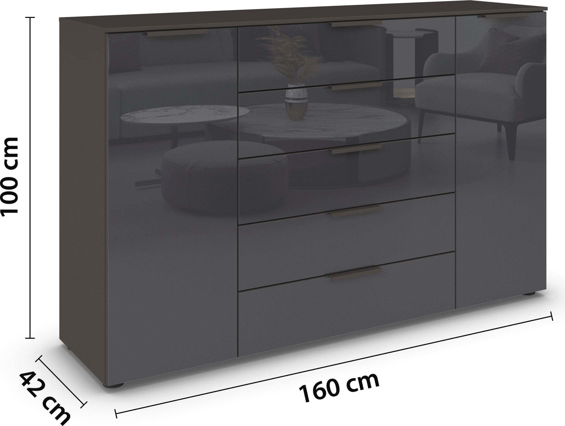rauch Schubkastenkommode »Kommode Türkommode Sideboard Kombikommode FLIPP mit Glasfront« Breite 160/180 cm mit 4 Einlegeböden,  2-trg mit 5 Schubladen und Soft-Close, 2 Breiten MADE IN GERMANY