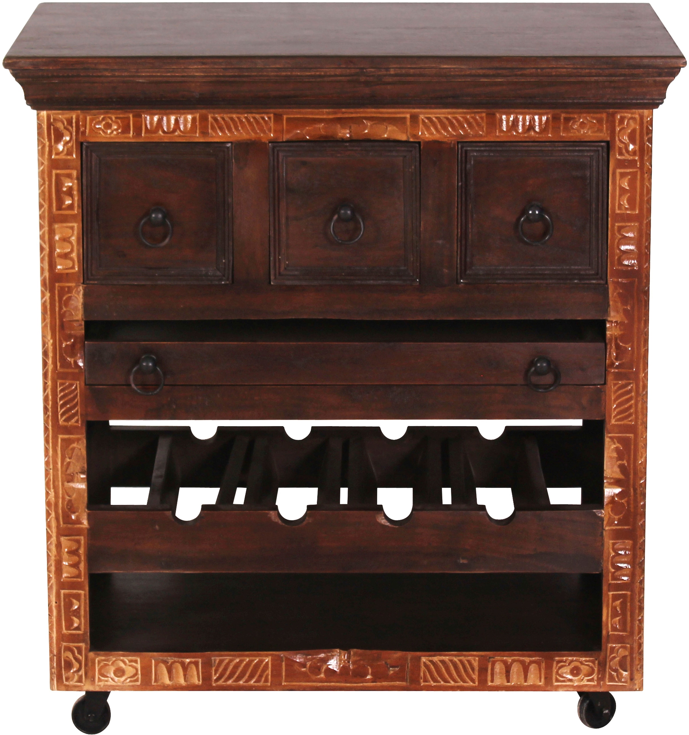 Image of SIT Mehrzweckschrank "Xiamen Küchenwagen aus Altholz mit Rollen, Tablett & Stauraum" 3 Schubladen, Flaschenablage & herausnehmbares Tablett