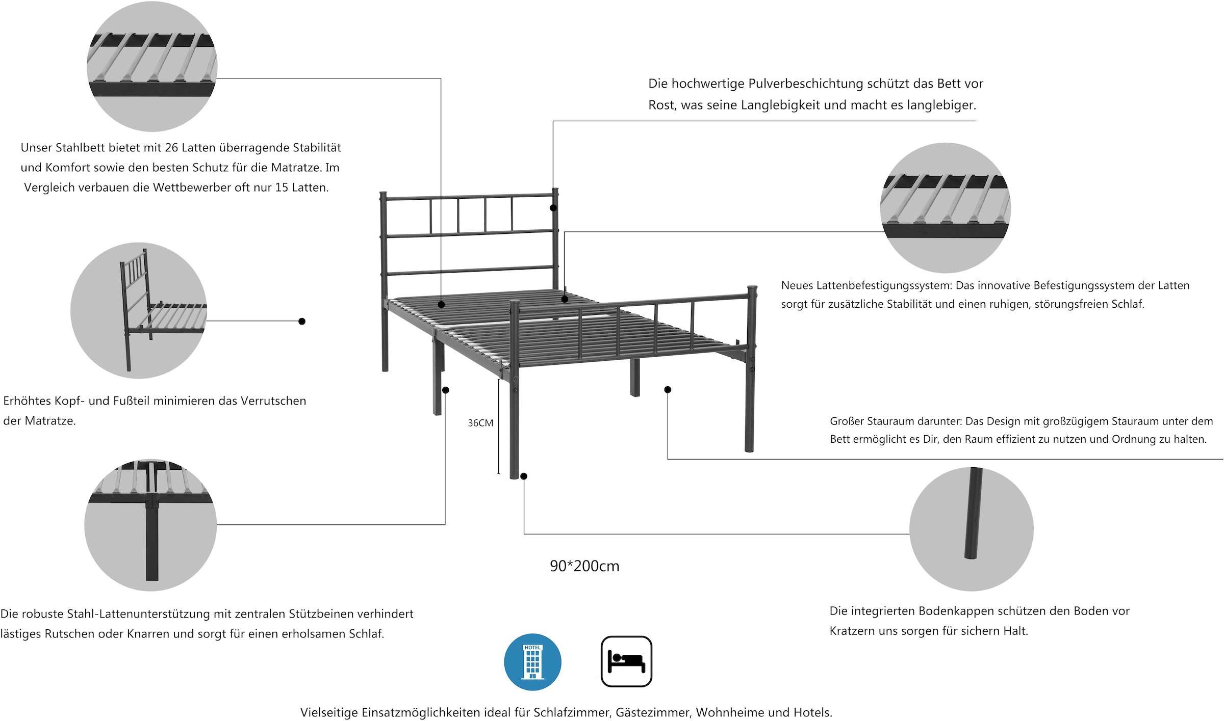 INOSIGN Metallbett »Amrum Bett Bettgestell Bettrahmen Einzelbett Doppelbett Stahlbett«, (2m Länge und in 4 Breiten wählbar - 90, 140, 160, 180 cm), Schlafzimmerbett inkl. 26 Lattenroste zum Schutz der Matratze