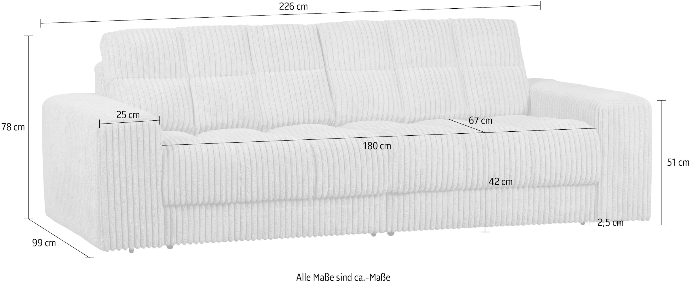 WOOOD 2-Sitzer »Second Date Rippenstoff, H 78 x B 226 x D 99 cm« Tragkraft 200 kg, Sehr hohe Verschleissfestigkeit, Pfleiglicht