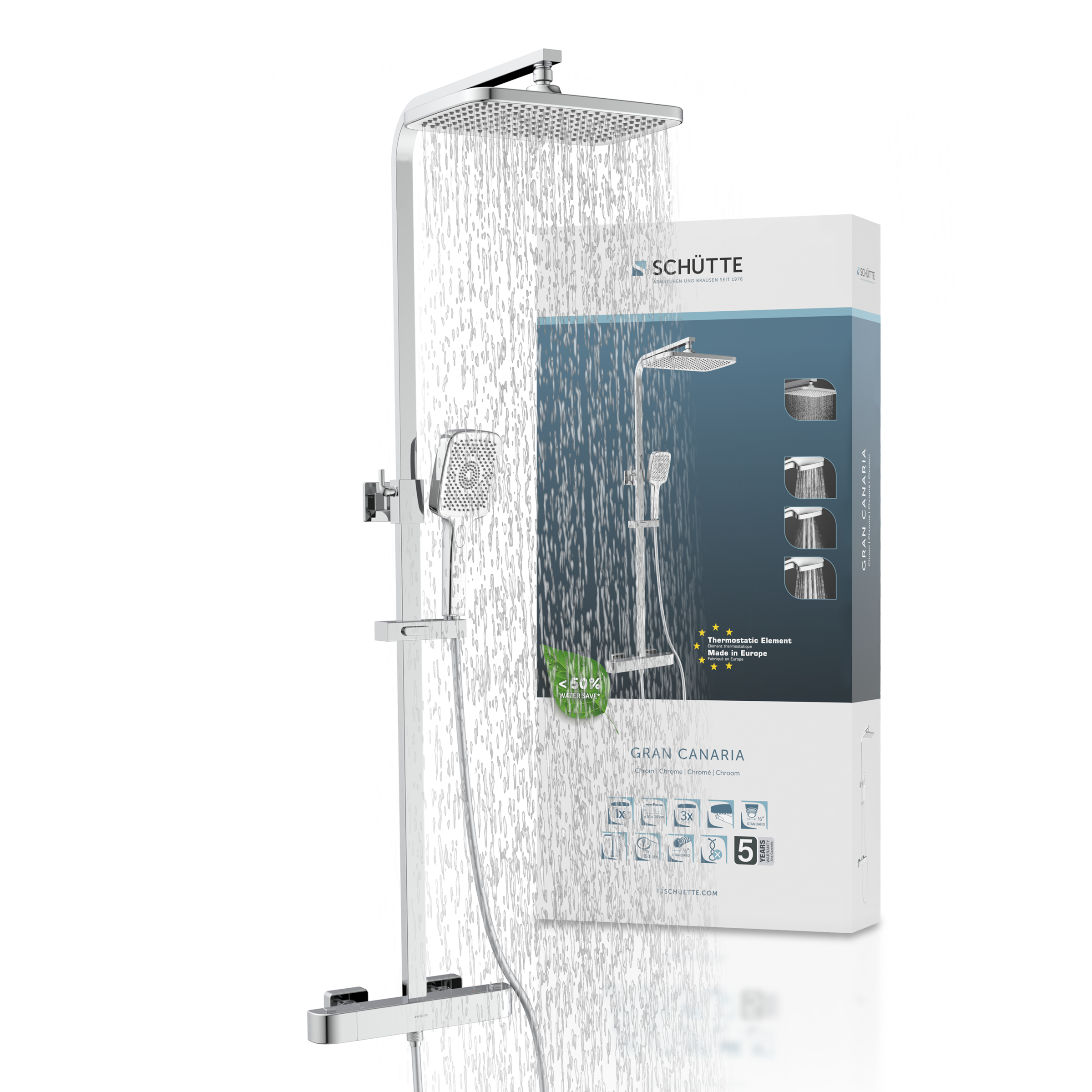 Image of Schütte Duschsystem "GRAN CANARIA" Komplett-Set, Regendusche 30x20 cm, Umsteller, Antikalk, 3 Strahlarten, Thermostat