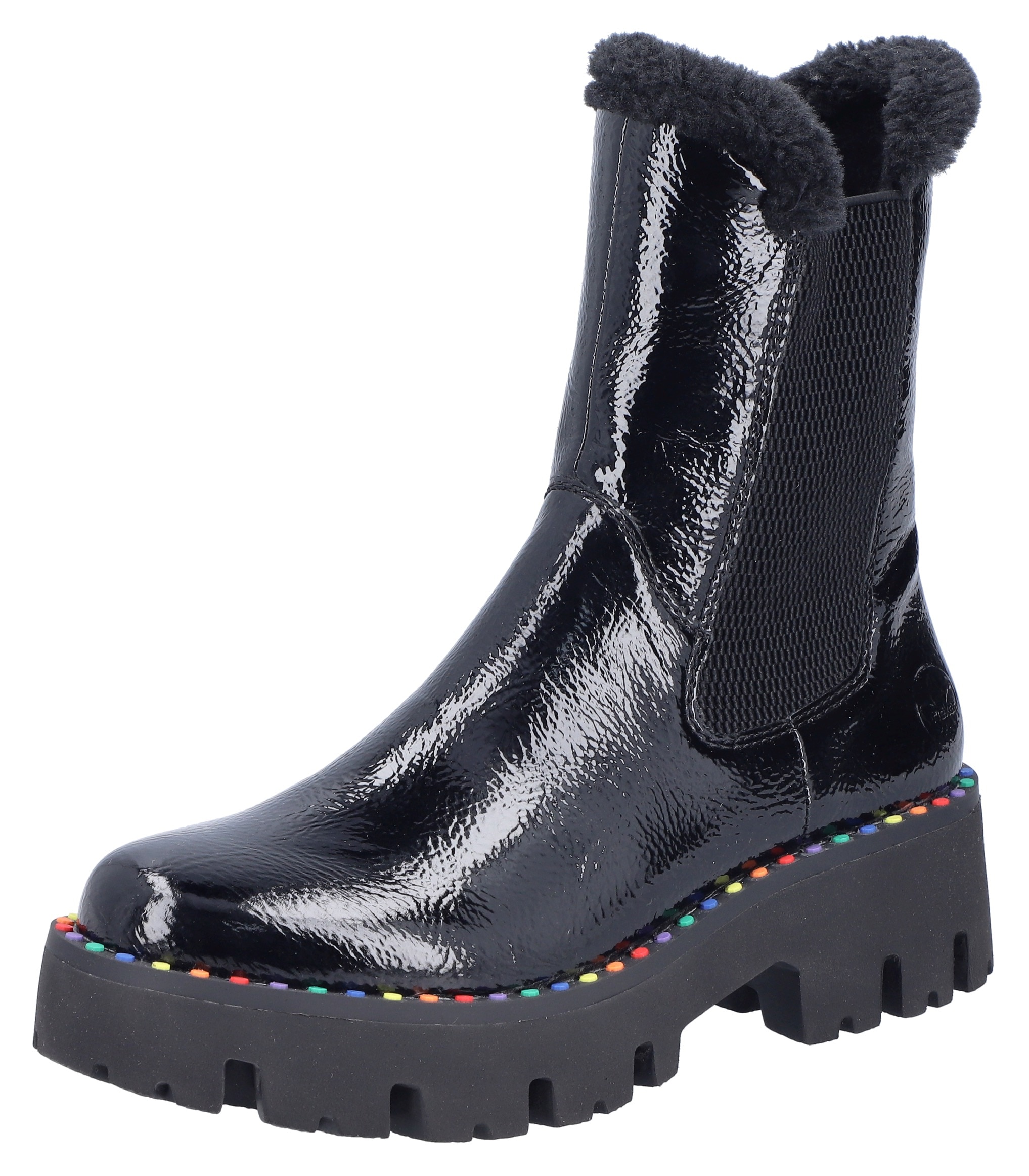 Image of Rieker Winterstiefelette Plateauboots, Winterboots, Lack-Stiefelette mit buntem Sohlenrand
