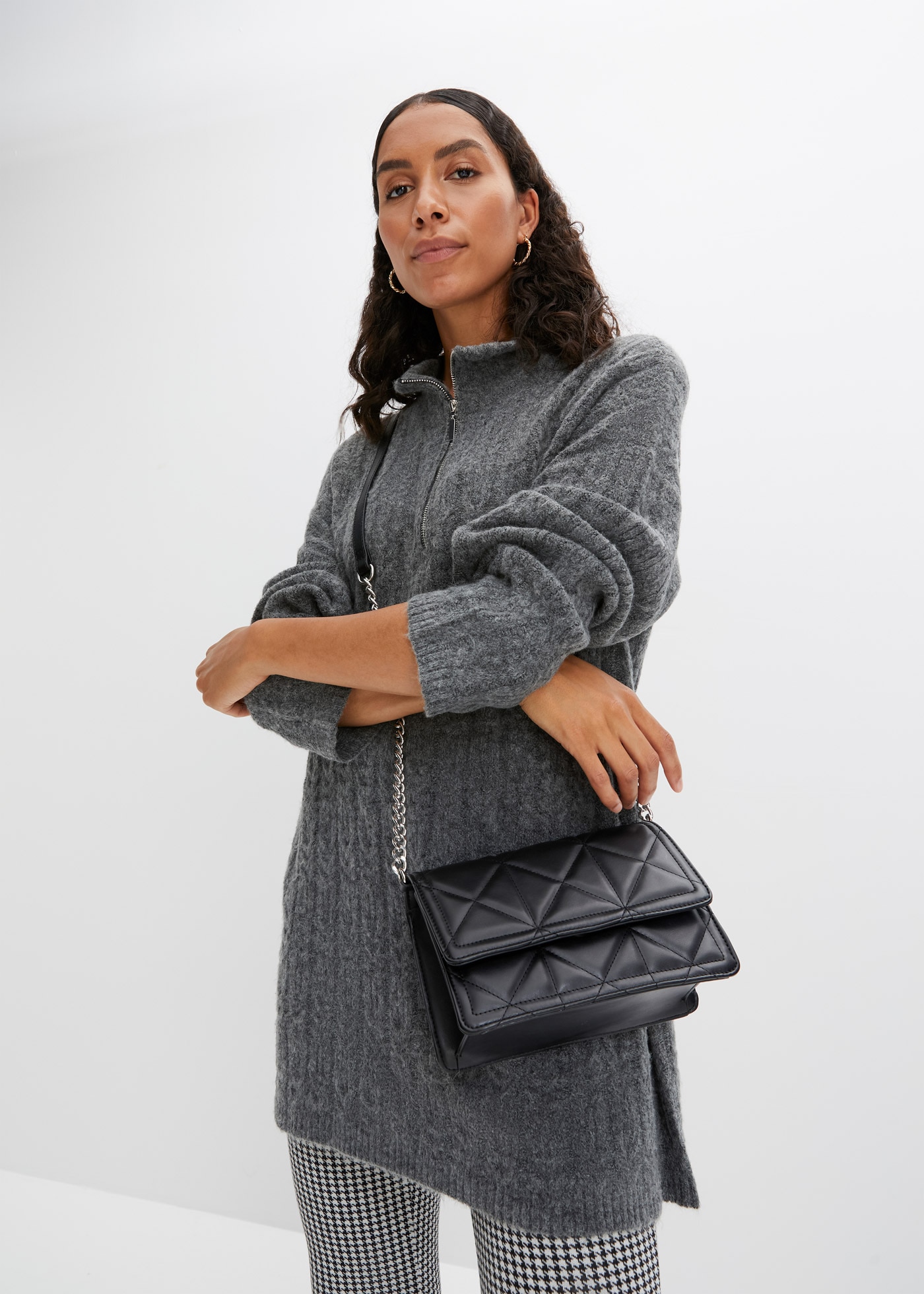 Image of bonprix Longpullover mit Stehkragen und Reissverschluss im Troyer-Look, Zopfstrickmuster
