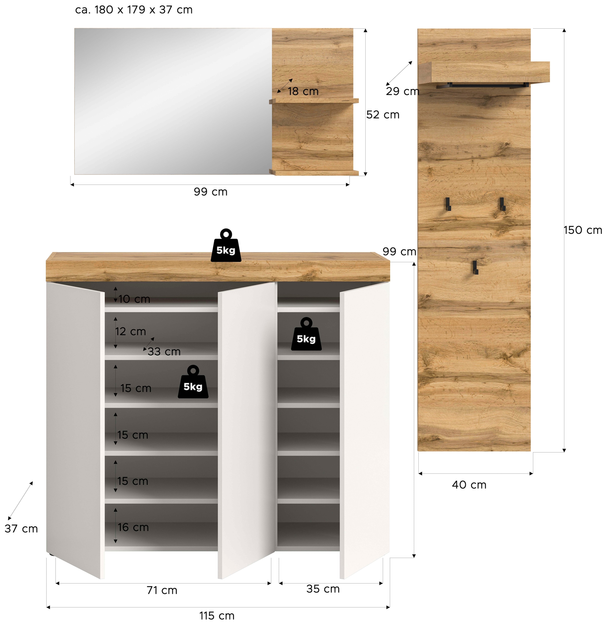 GOODproduct Ensemble de vestiaires »MAMBO, TOPSELLER!, 3-teilige Kombination, stehend & hängend montierbar« bestehend aus: Kommode, Spiegel, Garderobenpaneel, 3 cuis tlg.