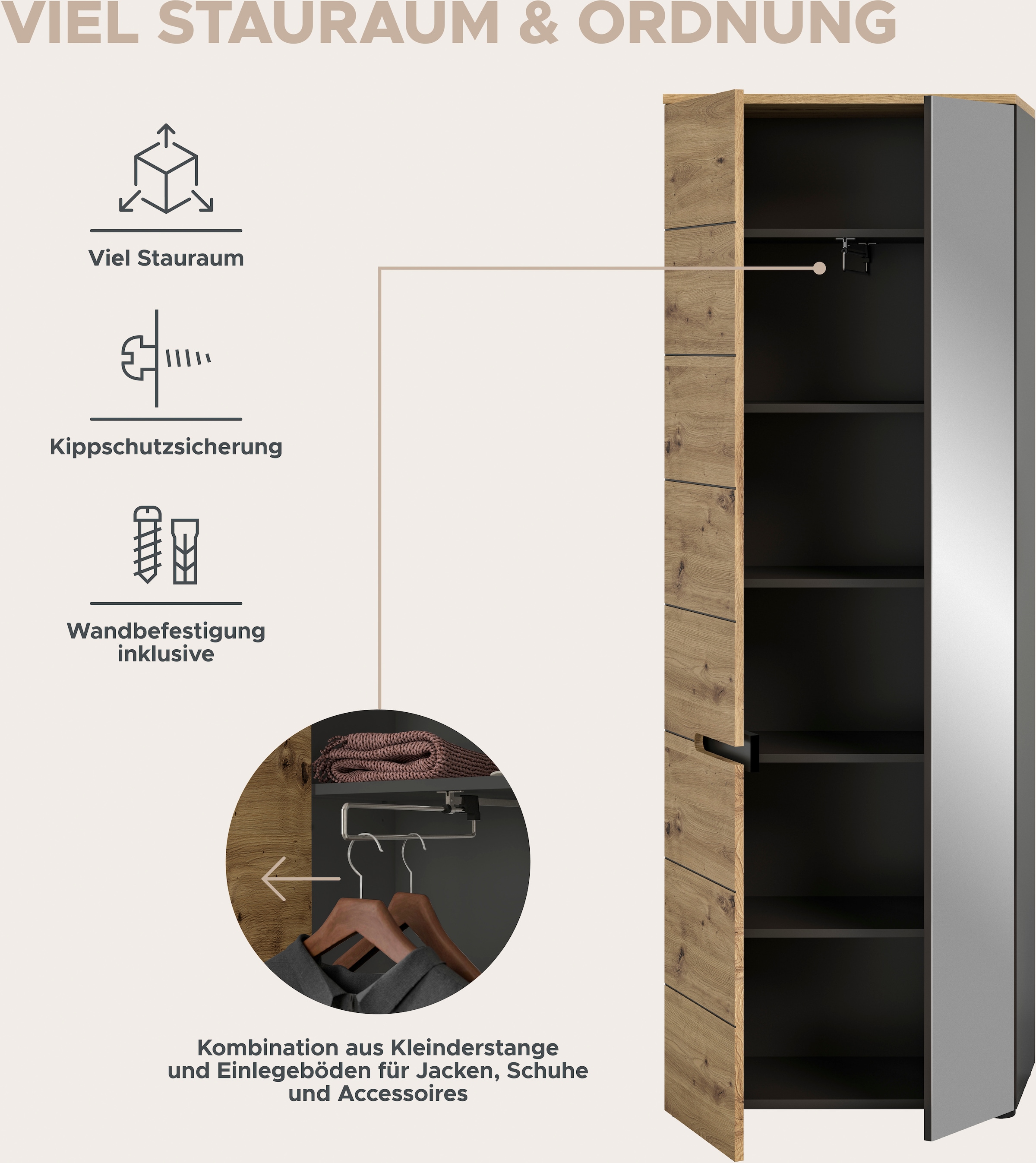 INOSIGN Garderoben-Set »Rehat, Garderobenkombination, Breite 255cm«, (6 St.), 6-teiliges Flurgarderoben Set mit viel Stauraum, Flur Möbel