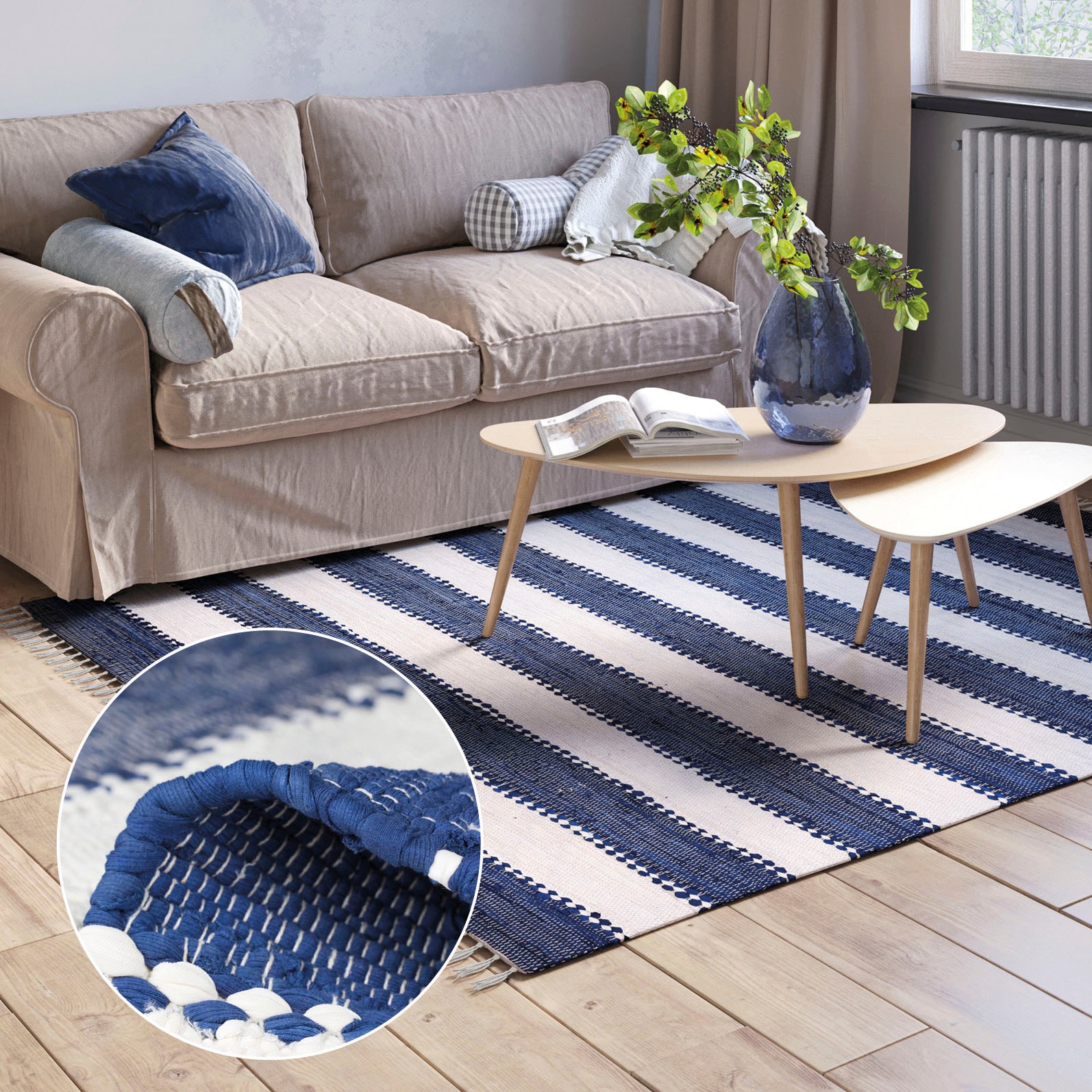 Image of Myflair Möbel & Accessoires Teppich "Karim" rechteckig 10 mm Höhe Handweb Teppich, gestreift, 90% Baumwolle, handgewebt, mit Fransen