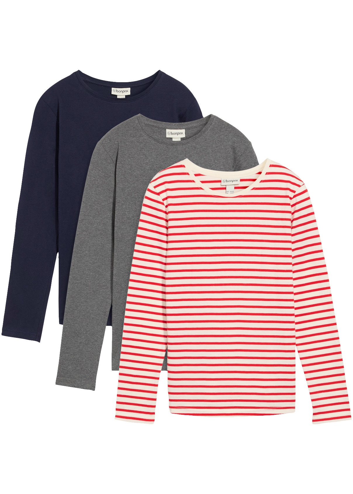 Image of bonprix Langarmshirt Packung, Kinder, im praktischen 3er Pack, aus reiner Baumwolle, Regular Fit
