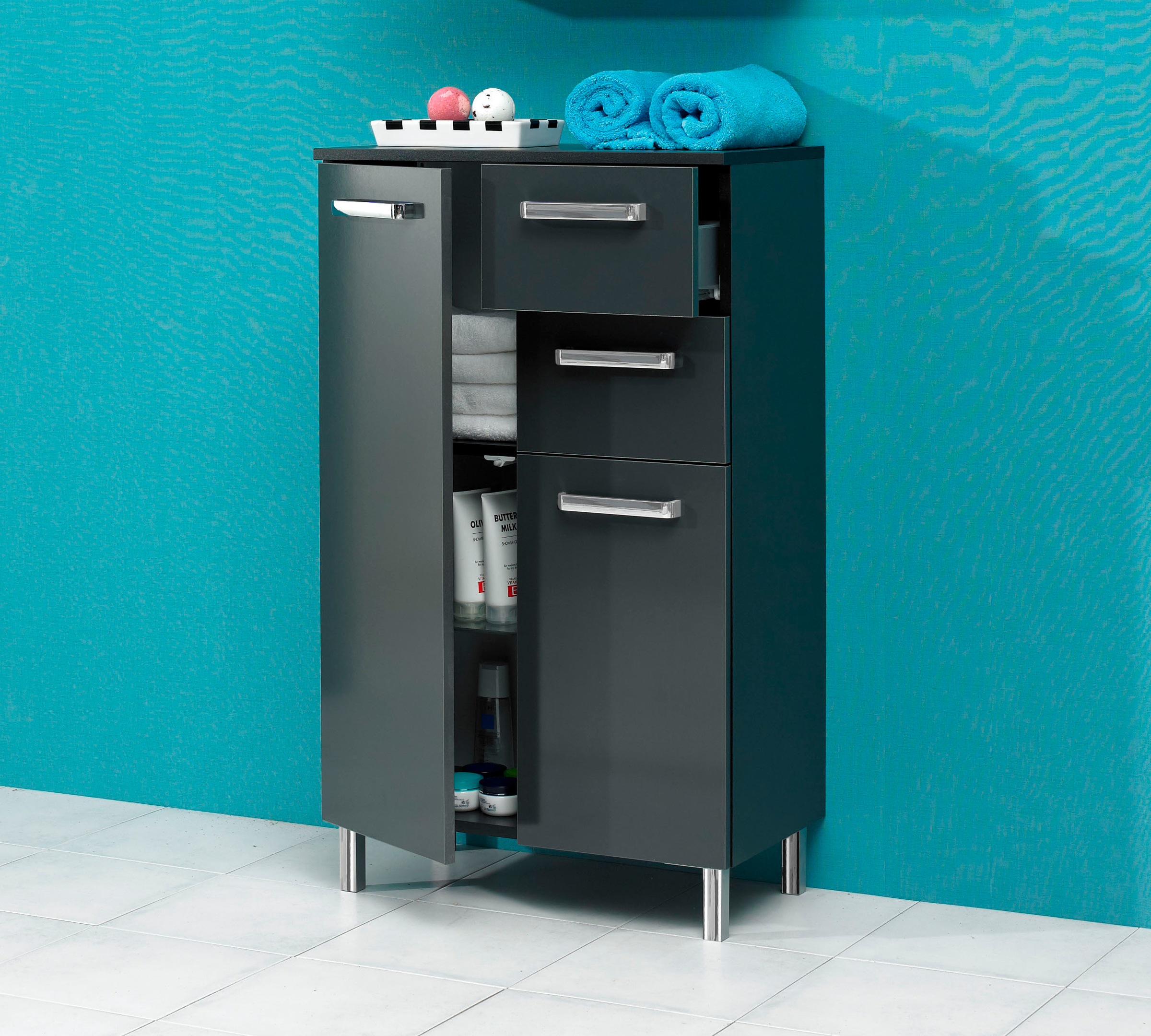 Saphir Unterschrank »Quickset Badschrank mit 2 Türen, 2 Schubladen, 60 cm breit« Badezimmer-Unterschrank inkl. Türdämpfer, Griffe in Chrom Glanz