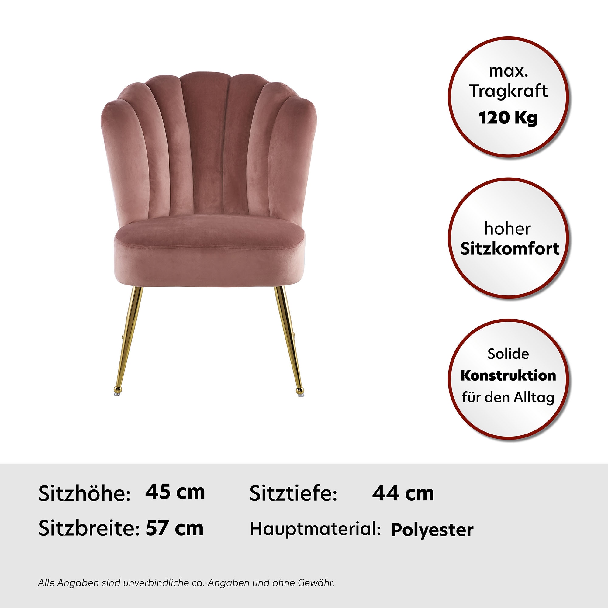 Kayoom Polsterstuhl »Stuhl Lalie 125, Rückenlehne im Retro-Stil, ausgefallene Rückenlehne« () 1 Stk.Rückenlehne in Muschel-Design, Samtbezug, goldene Metallbeine