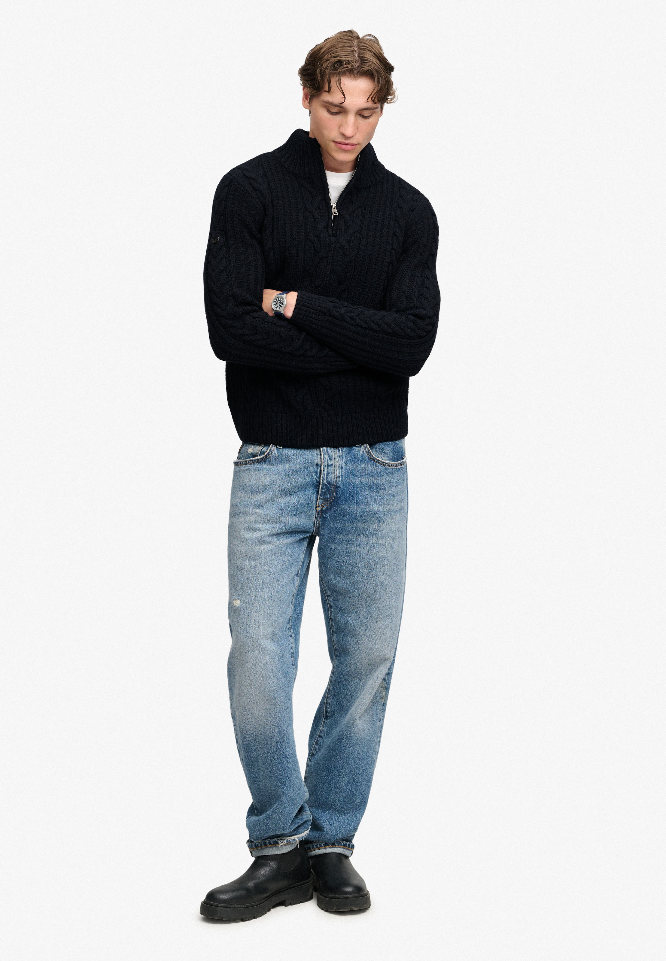 Superdry Pull en tricot »JACOB CABLE HALF ZIP KNIT« Mélange de matières, coupe slim