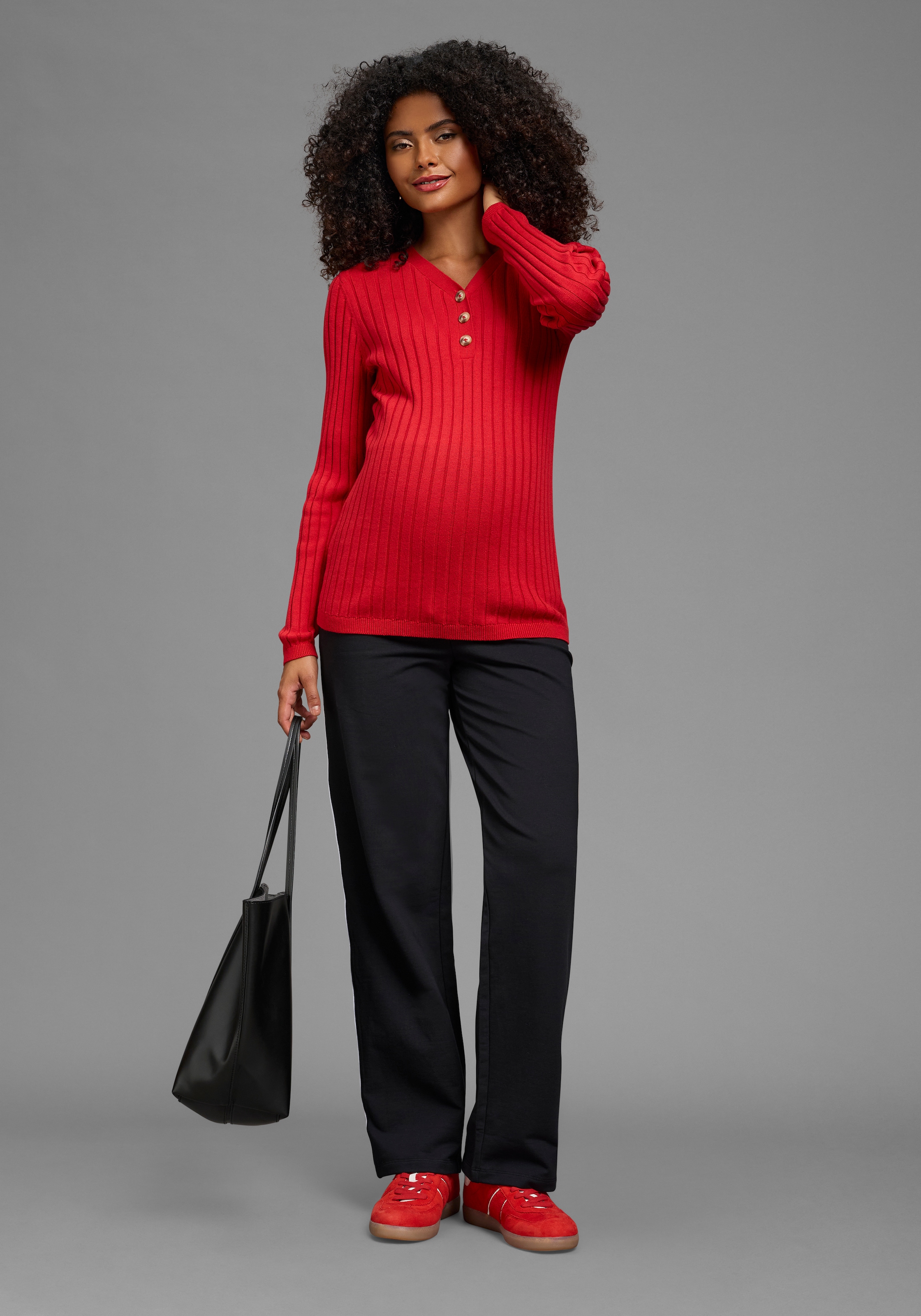 Neun Monate Pull de grossesse »Feinstrick-Umstandspullover mit Knöpfen - Stillpullover« Manches longues, en fine maille, avec un décolleté en V profond