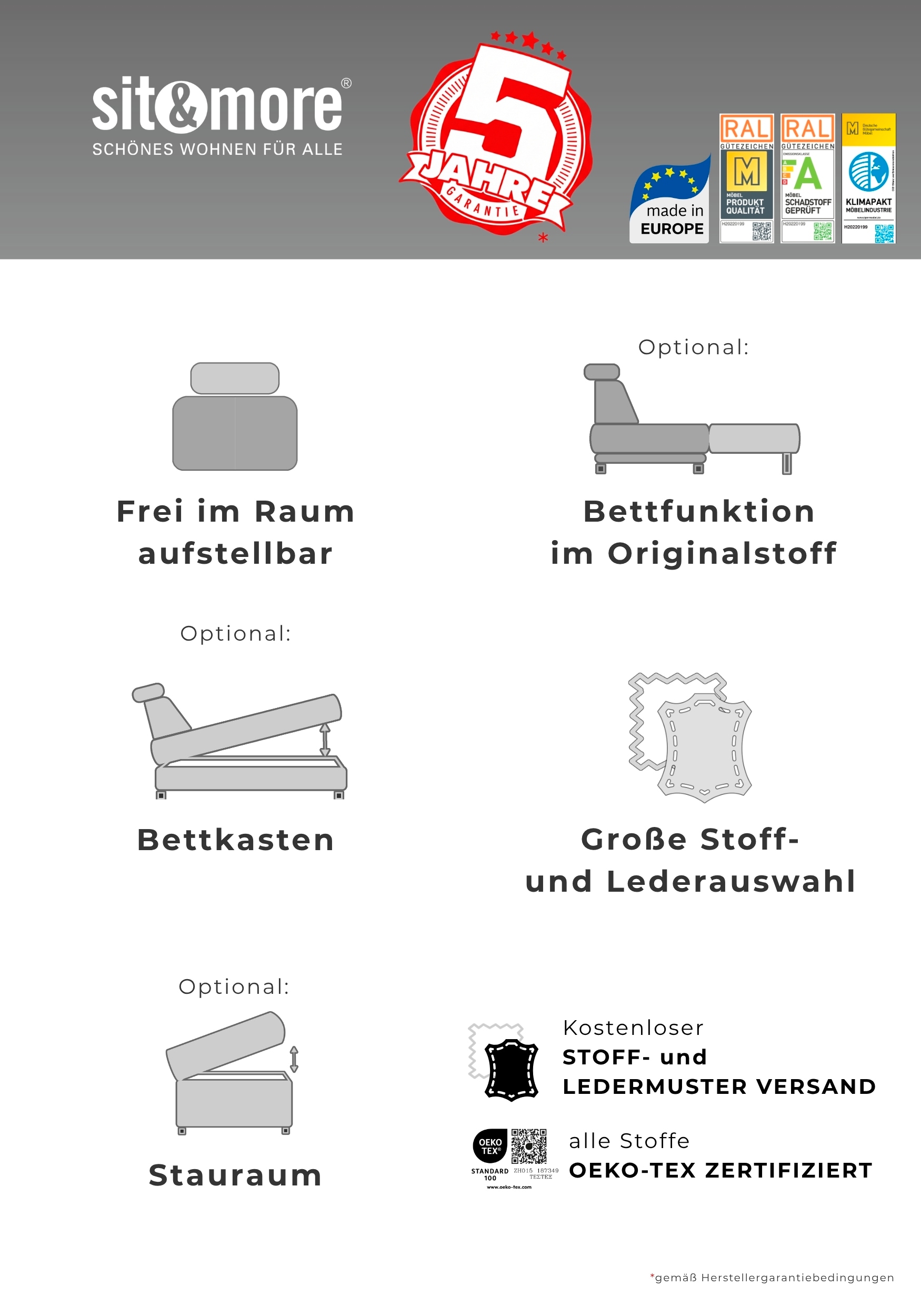 sit&more Wohnlandschaft »Cabrio U-Form, B: 359 cm, mit Sitztiefen-, Arm- & Kopfteilverstellung« 3 Nierenkissen, Federkern, optional Schlaffunktion und Stauraum