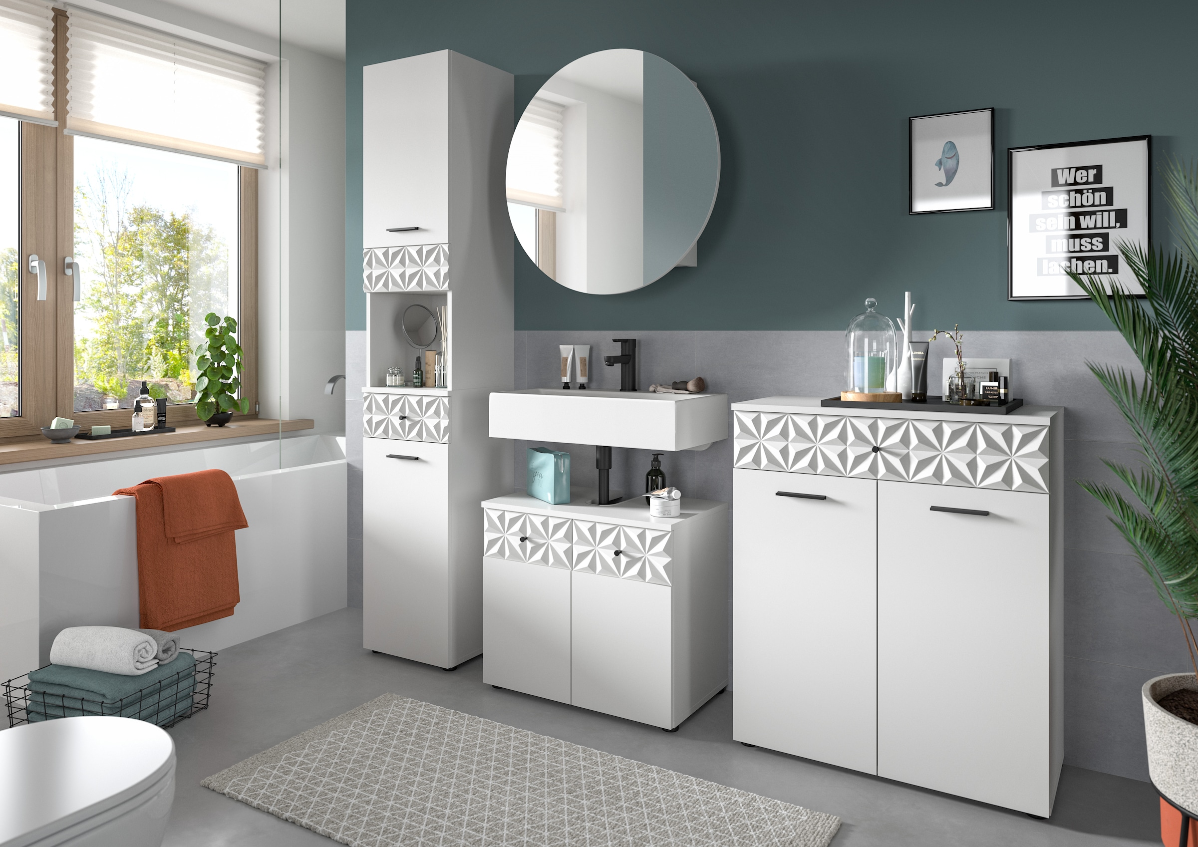 INOSIGN Ensemble de salle de bains »VICENZA, TOPSELLER!, Breite 195cm, 4-teilig, mit Ornamentabsetzung« Hochschrank, Waschbeckenunterschrank, Spiegelschrank & Unterschrank, 