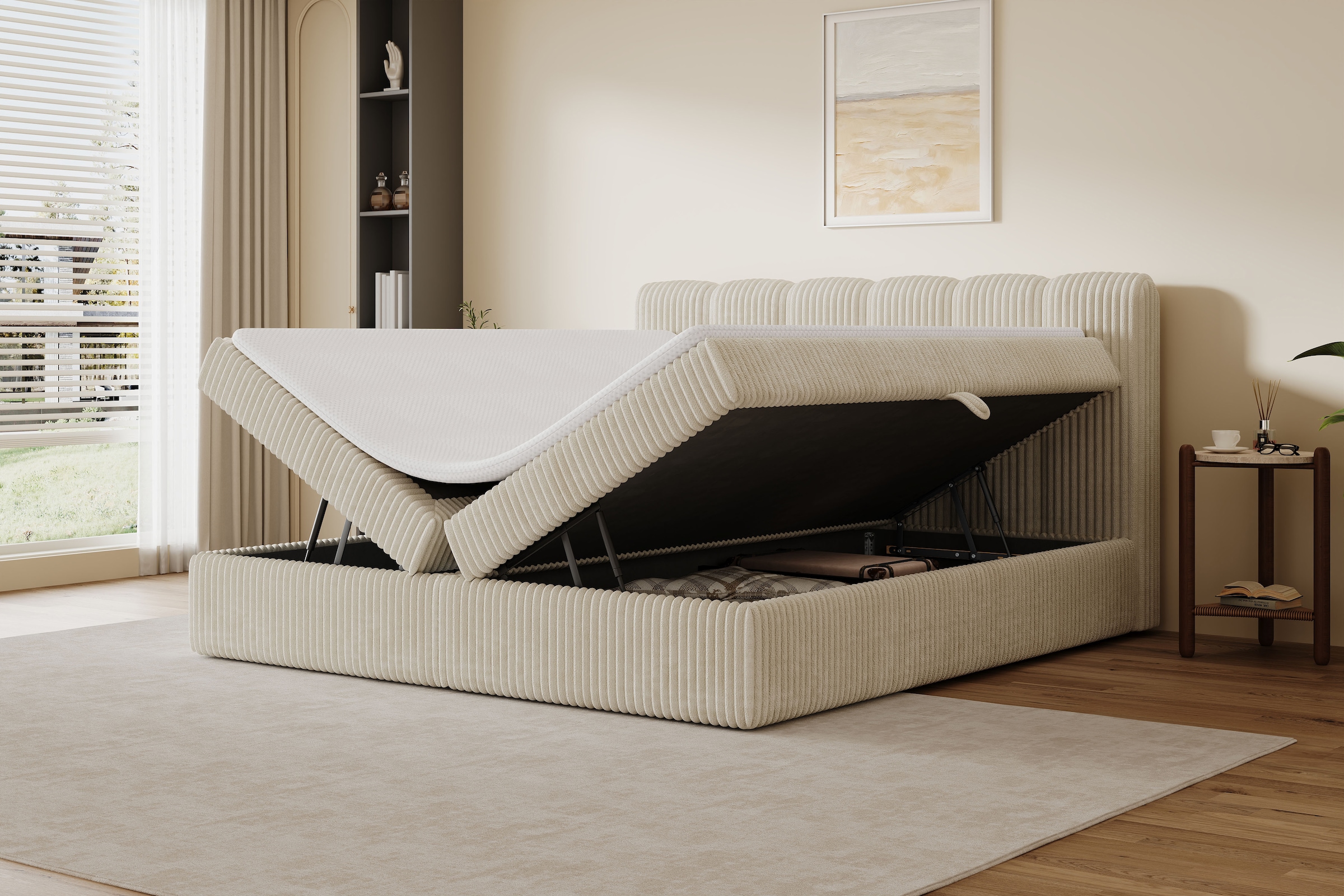 GOODproduct Lit de boxe »SIVVA in der Breite 180cm, flauschiger Breitcord, Farbe: cream« Incl. matelas à ressorts ensachés (H3) & surmatelas (4 cm)