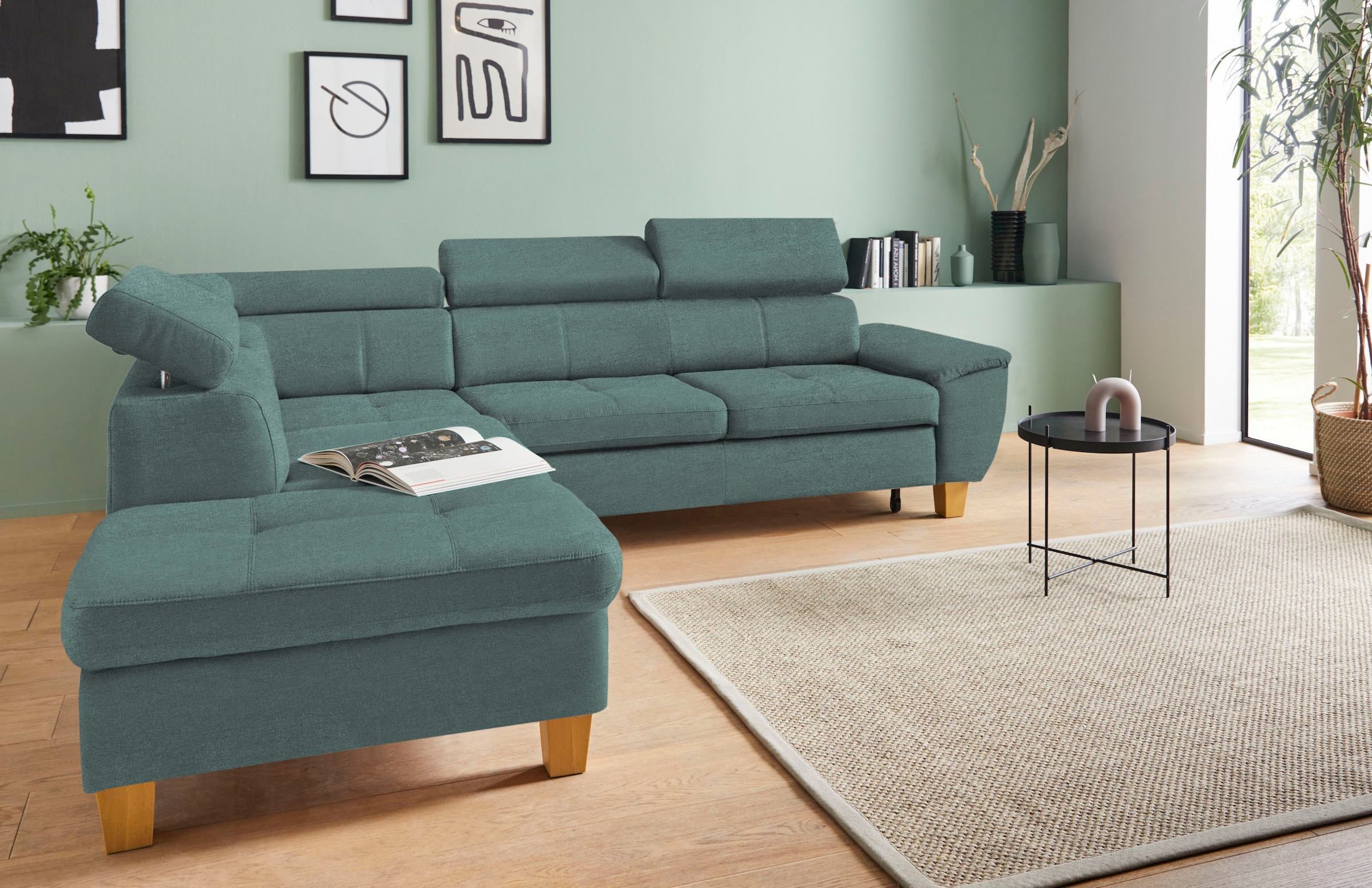 Image of exxpo - sofa fashion Ecksofa "Enya, hoher Sitzkomfort, Breite 266cm, bequem, 12cm hohe Füsse, L-Form" mit Kopfteilverstellung, wahlweise Bettfunktion u. Bettkasten