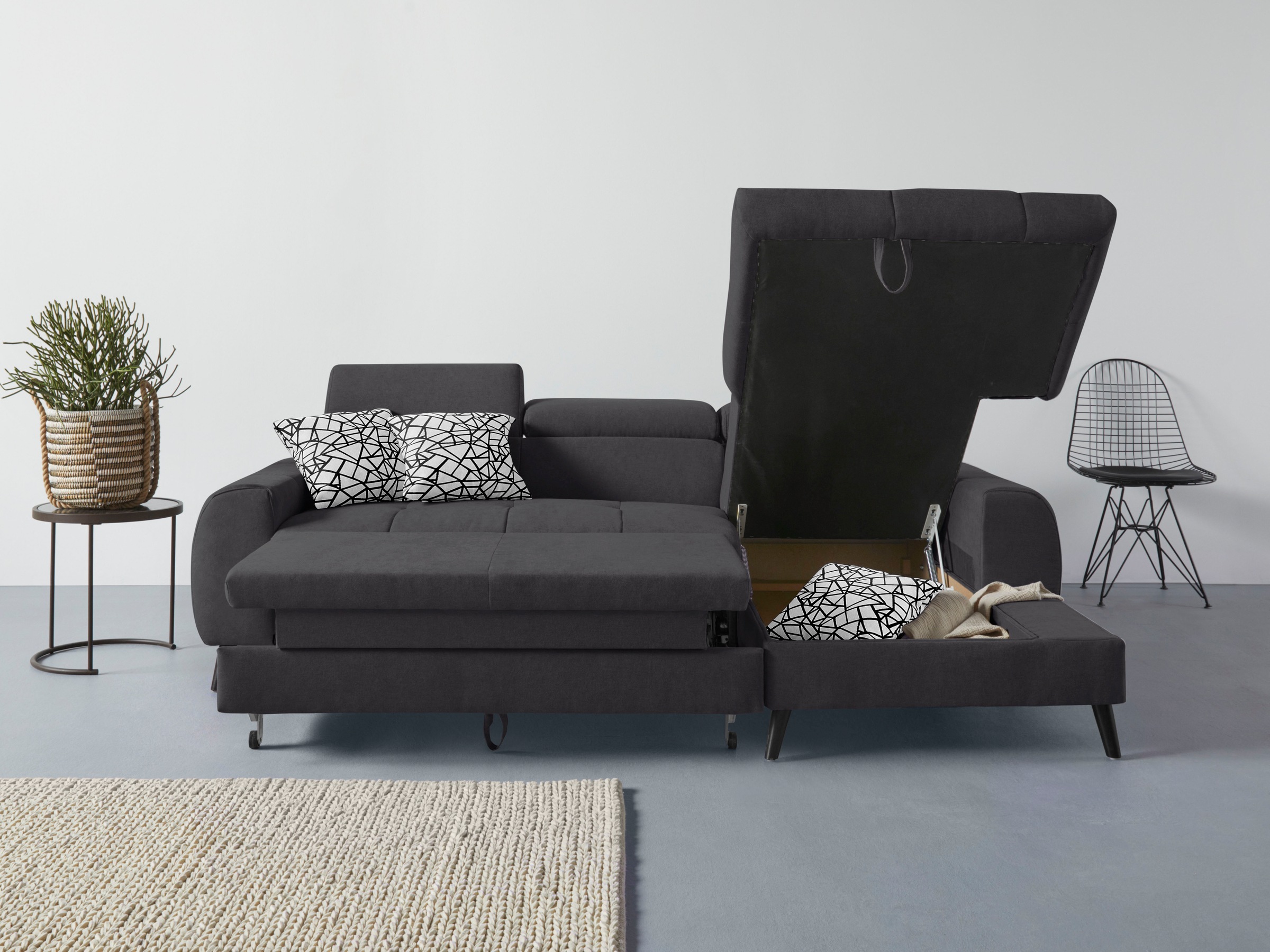 COTTA Ecksofa »Mia L-Form mit 3 Zierkissen«, wahlweise mit Bettfunktion, Bettkasten, Beleuchtung & Wireless-Charger