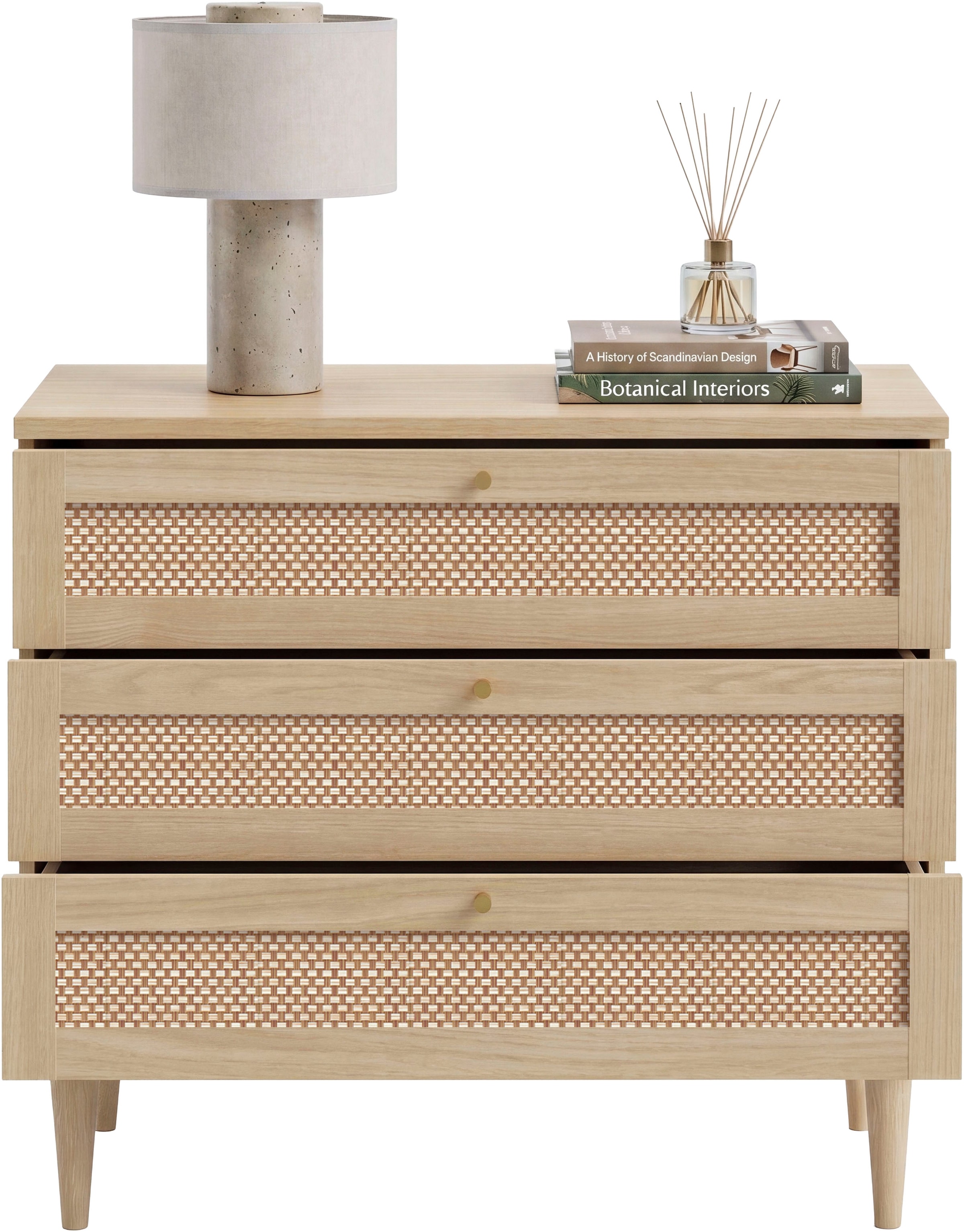 GOODproduct Kommode »ELLIAN mit Geflechtoptik warmes Holzdekor, 3 Schubkästen« Holzfüsse, Metallgriffe, Made in EU, viel Stauraum