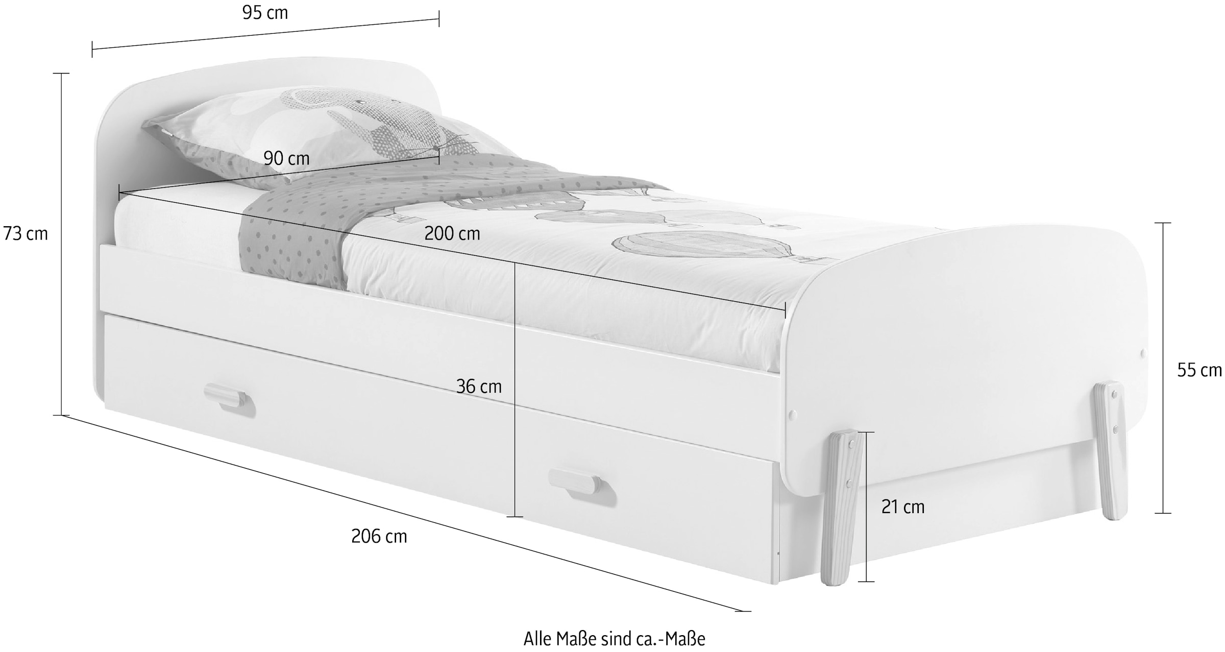 Vipack Einzelbett Made in Europe,  Liegefläche 90x200 cm mit Lattenrost und Bettschublade, Weiss lackiert