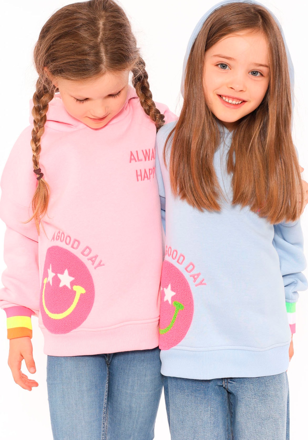 Zwillingsherz Hoodie »"Always Happy" Kids«, mit grossem Smiley und neonfarbenen Details
