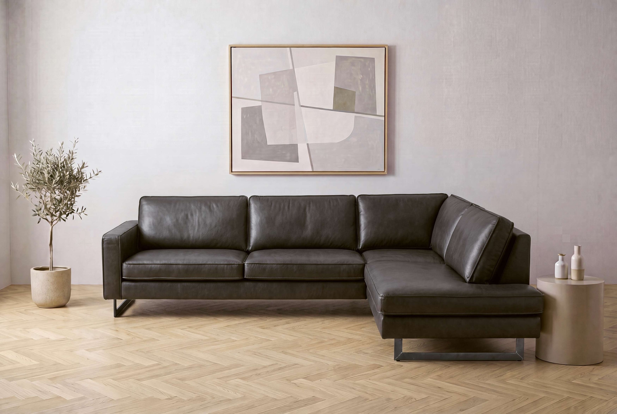 GOODproduct Canapé d'angle »Pinto, 290 cm, Cord, Chenille, Lederoptik, Ottomane links / rechts« avec jonc, pieds métalliques noirs, suspension à ressorts ondulés