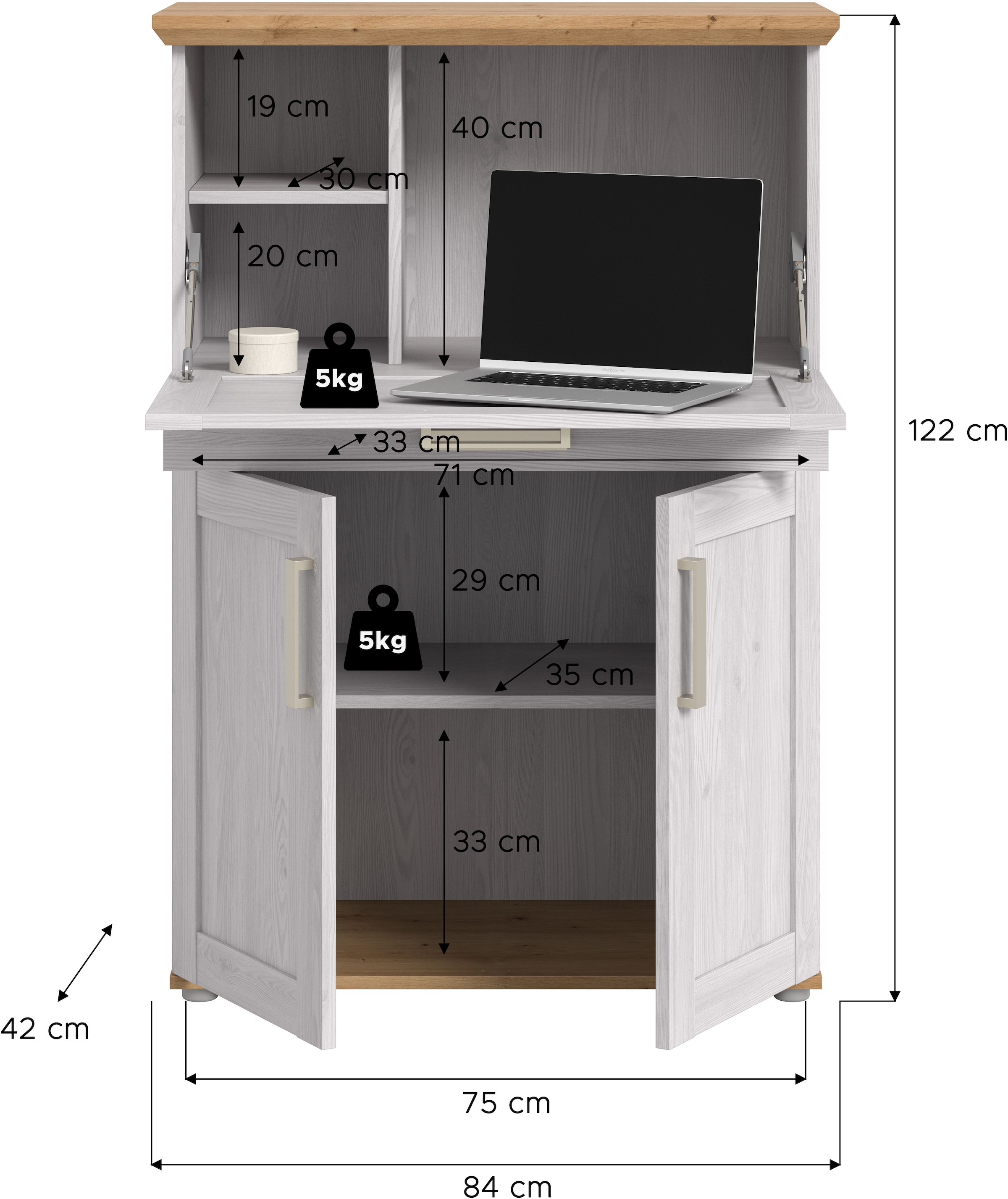 Home affaire Secrétaire »COSENZA, Höhe 122 cm, 2 Türen, 1 Klappe, 1 Schubkasten, 5 Fächer« Style maison de campagne, combinable avec d'autres articles de la série,  Bureau, bureau à domicile, commode, armoire, armoire moyenne