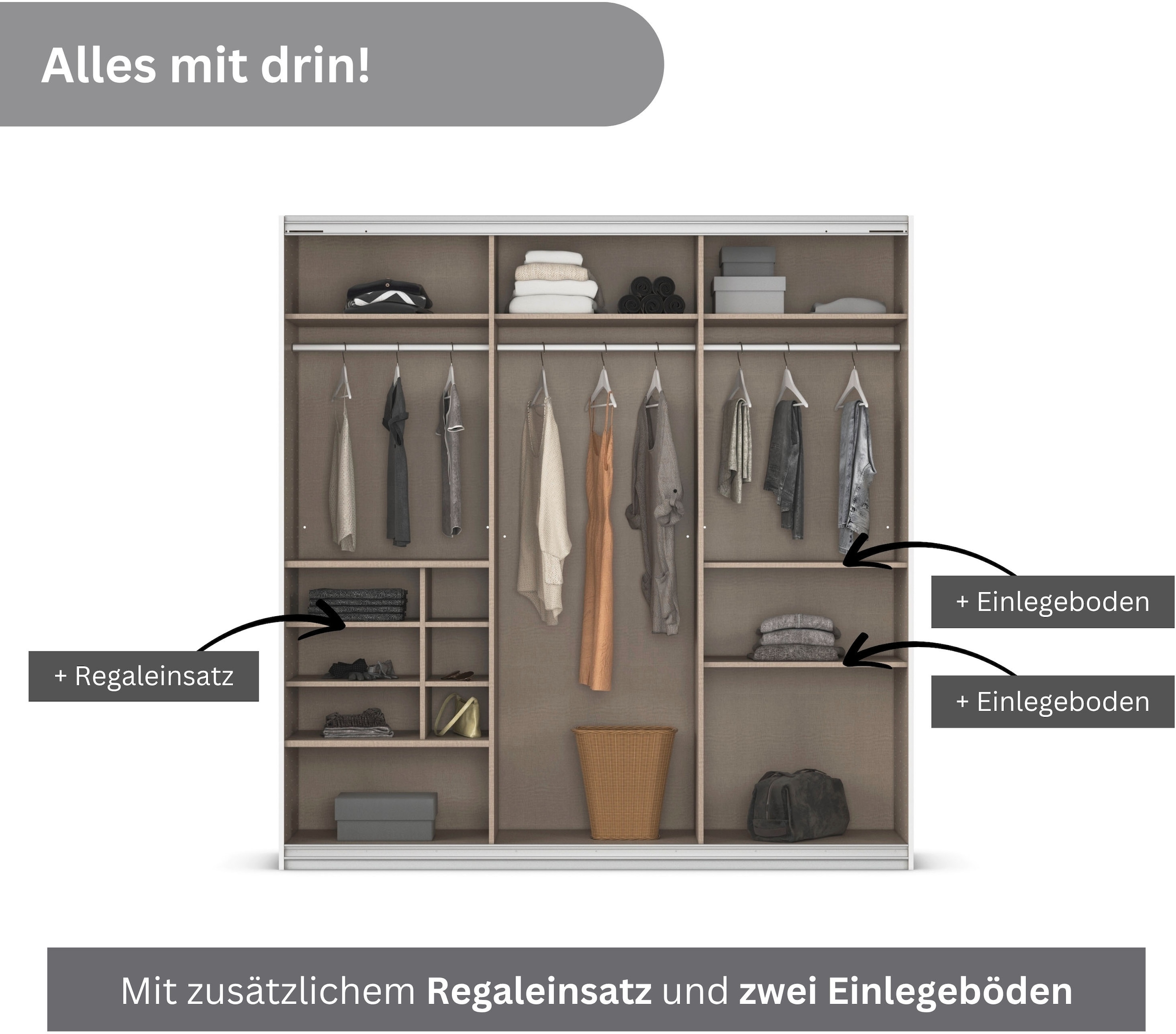 rauch Schwebetürenschrank »Kleiderschrank Schrank Garderobe Wäscheschrank TOMA« inkl. Regaleinsatz sowie zusätzlichen Einlegeböden MADE IN GERMANY